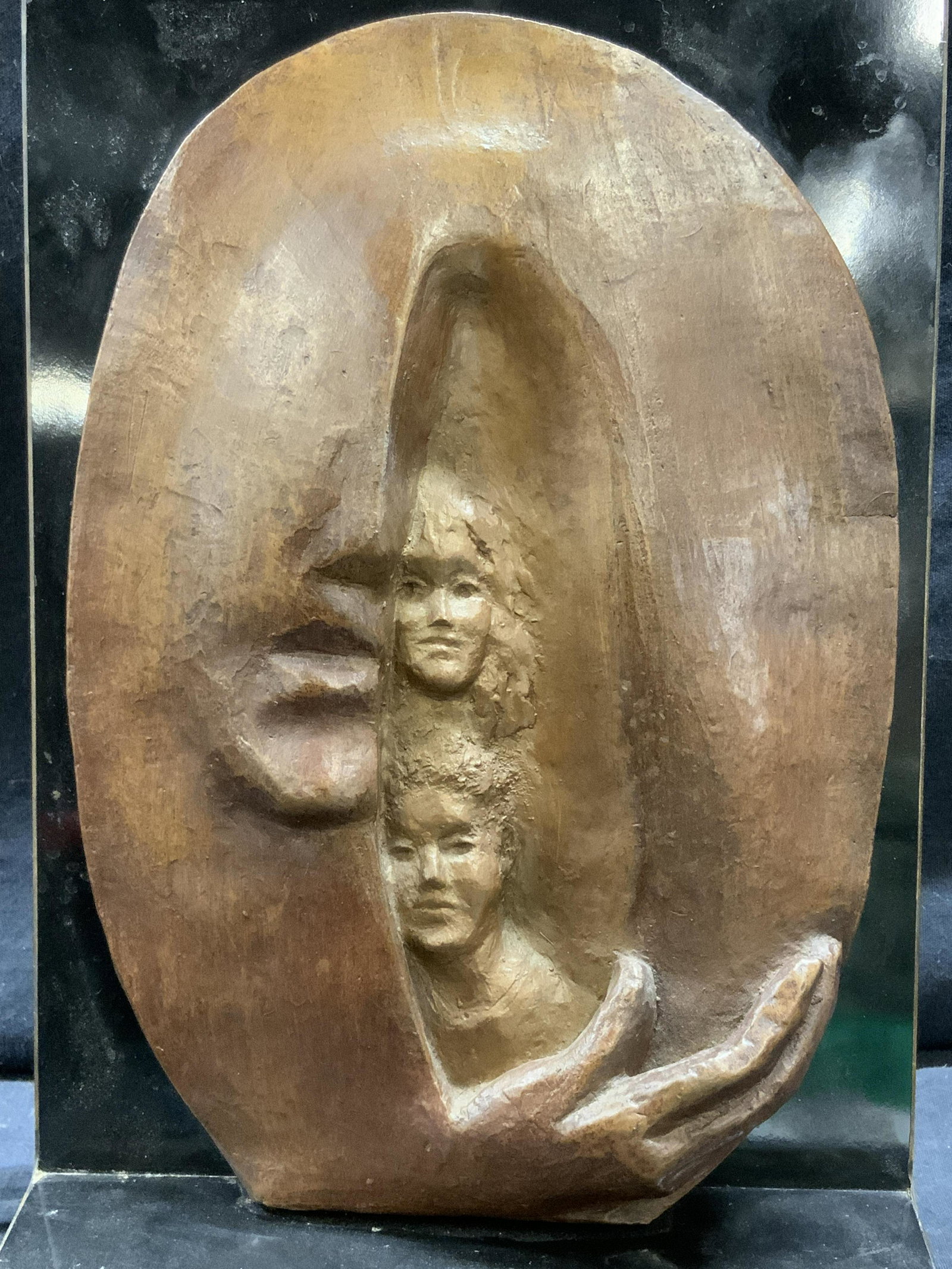 Surreal Woman Wood Sculpture: Surreal Woman Wood Sculpture, no signature to piece, measures 7 1/4 x 11 1/4 inches. Art, wall art, artwork, home decor, wood art, wood sculpture, wood artwork, wood relief, wood carving, decorative w