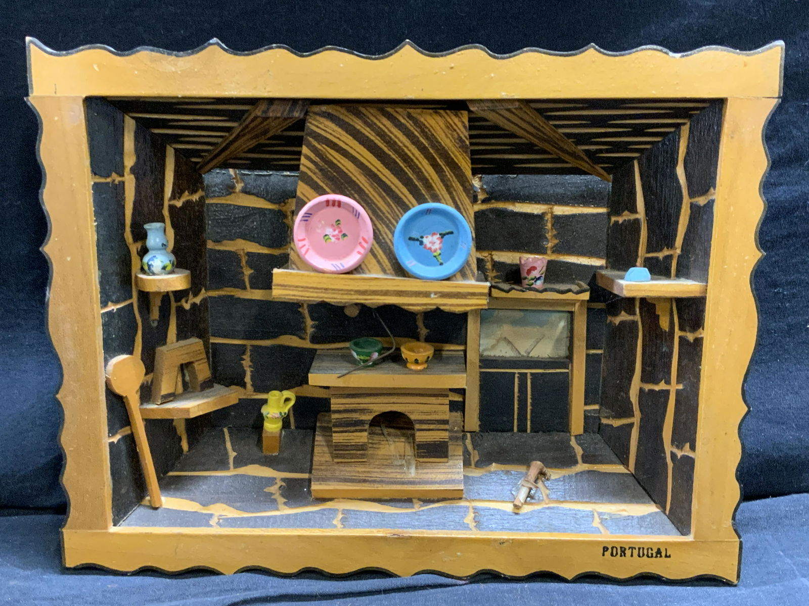 Portuguese Wood Folk Art Home Scene: Portuguese Wood Folk Art Home Scene, inscriptions read â€˜Portugalâ€™, shows a scene of a fireplace area of a home, measures 11 3/4 x 9 inches. Back needs repair. Art, wall art, artwork, home