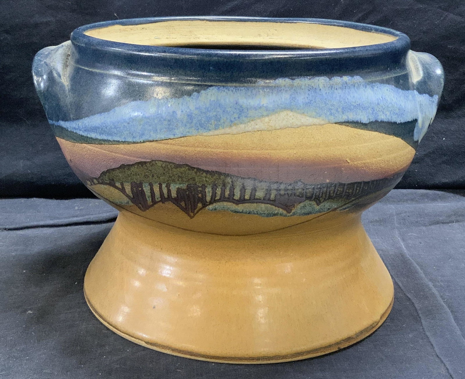 Footed Ceramic Planter with Landscape: Footed Ceramic Planter with Landscape, measures 11 1/2 inches wide x 7 1/2 inches tall, has landscape showing mountains and trees. Art, tabletop art, artwork, home decor, ceramics, ceramic art, cerami