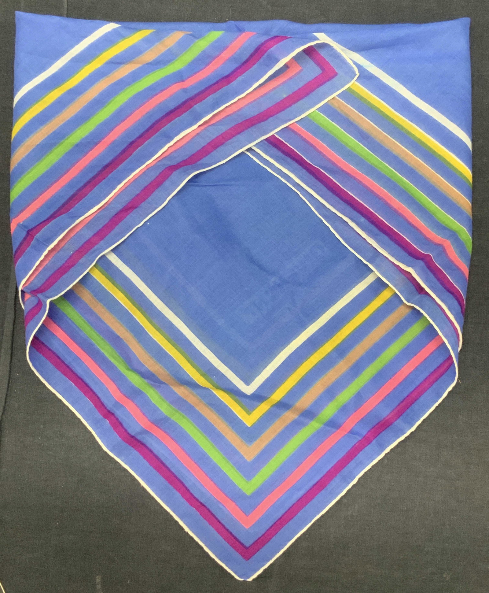 GIVENCHY Hand Rolled Cotton Neck Scarf: Signed GIVENCHY hand rolled cotton scarf, Royal blue with banded border stripes in fuchsia, pink, green , yellow, tan, white. Measures 20.5 x 21.5 in. Property of Manhattan, NY Estate Signed Givenchy 