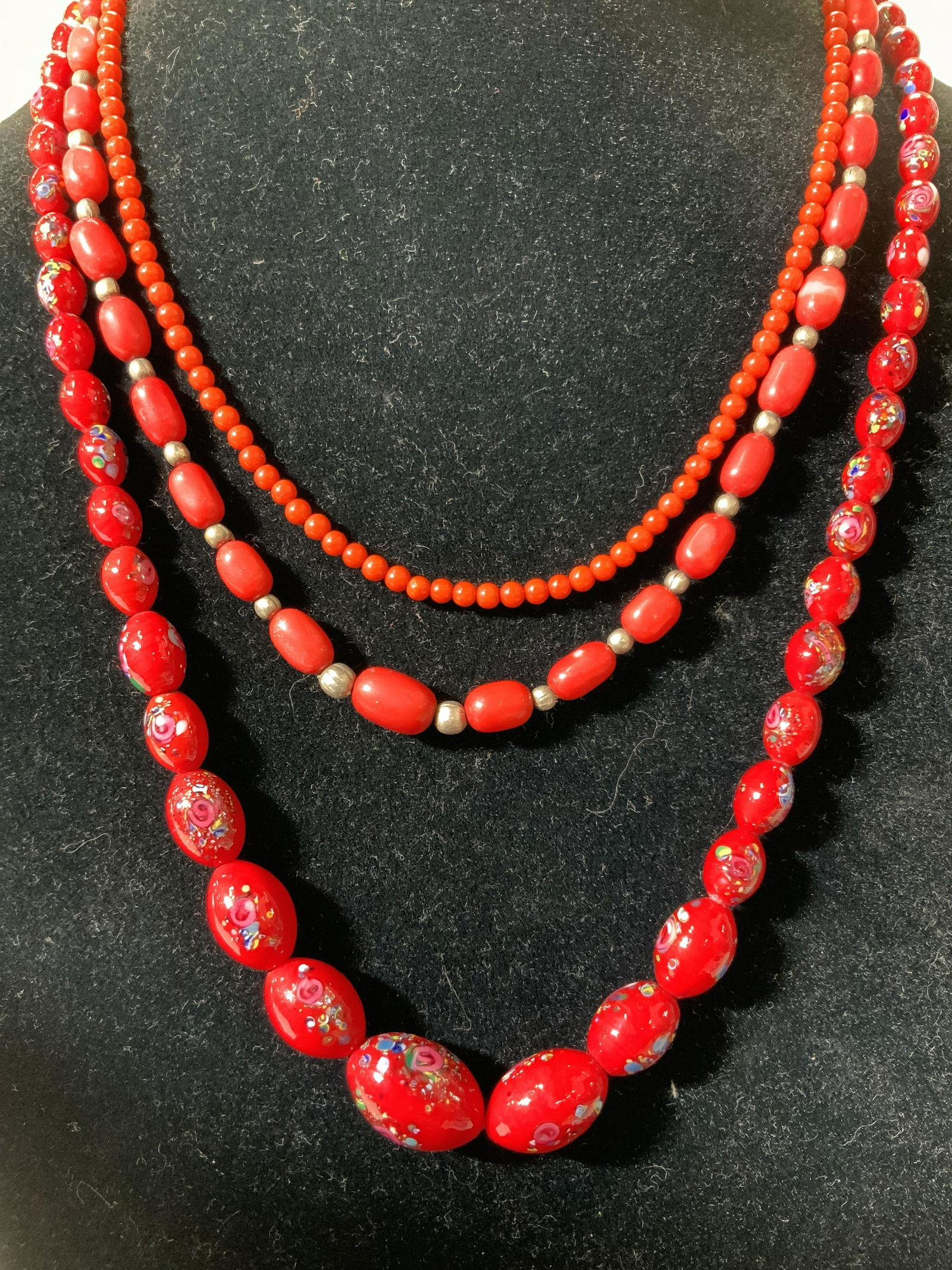 3 Vintage Red & Millefiori Style Beaded Necklaces (1 of 9)