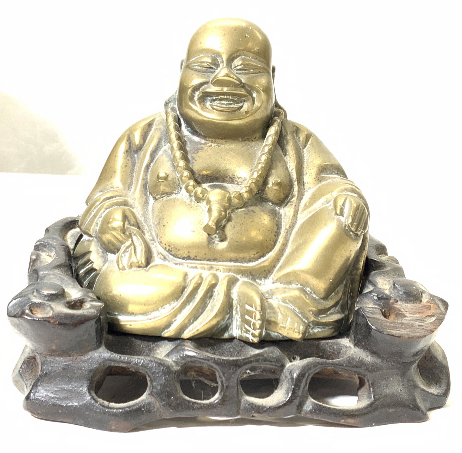 Cast Brass Sitting Laughing Buddha On Stand (1 of 9)