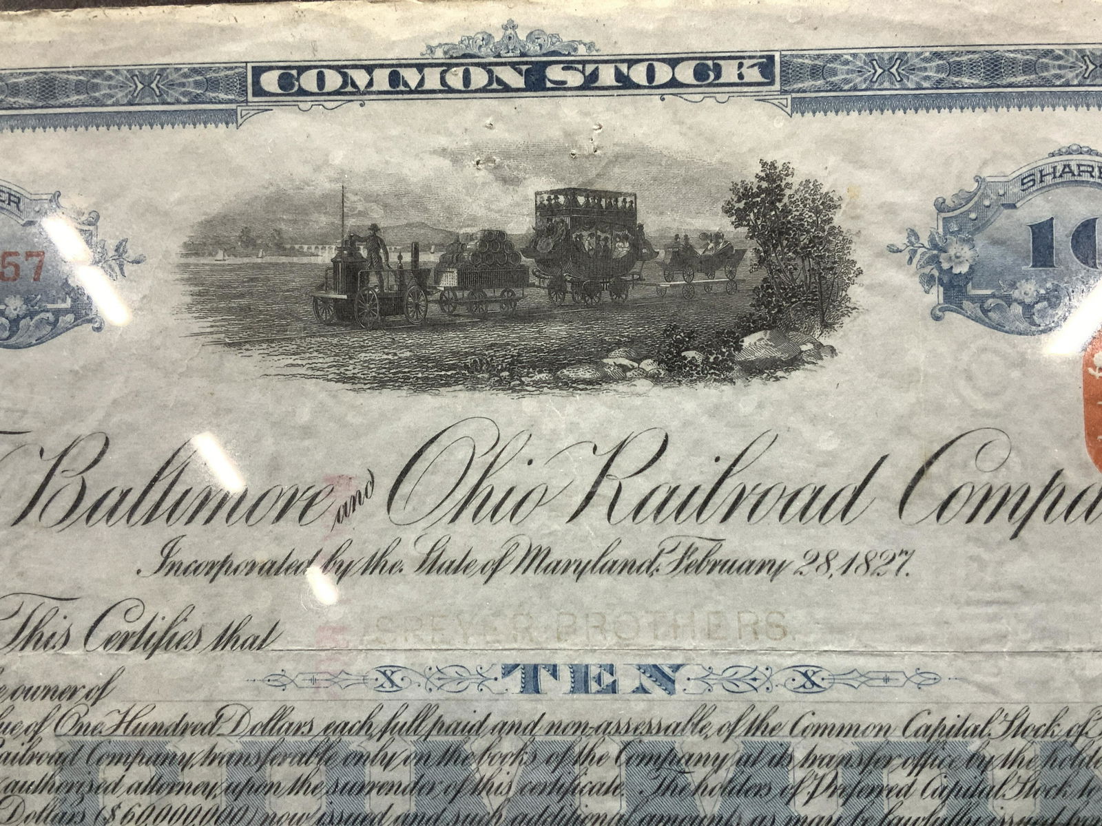 Baltimore Ohio RR Co Certificate, 1902 (1 of 7)