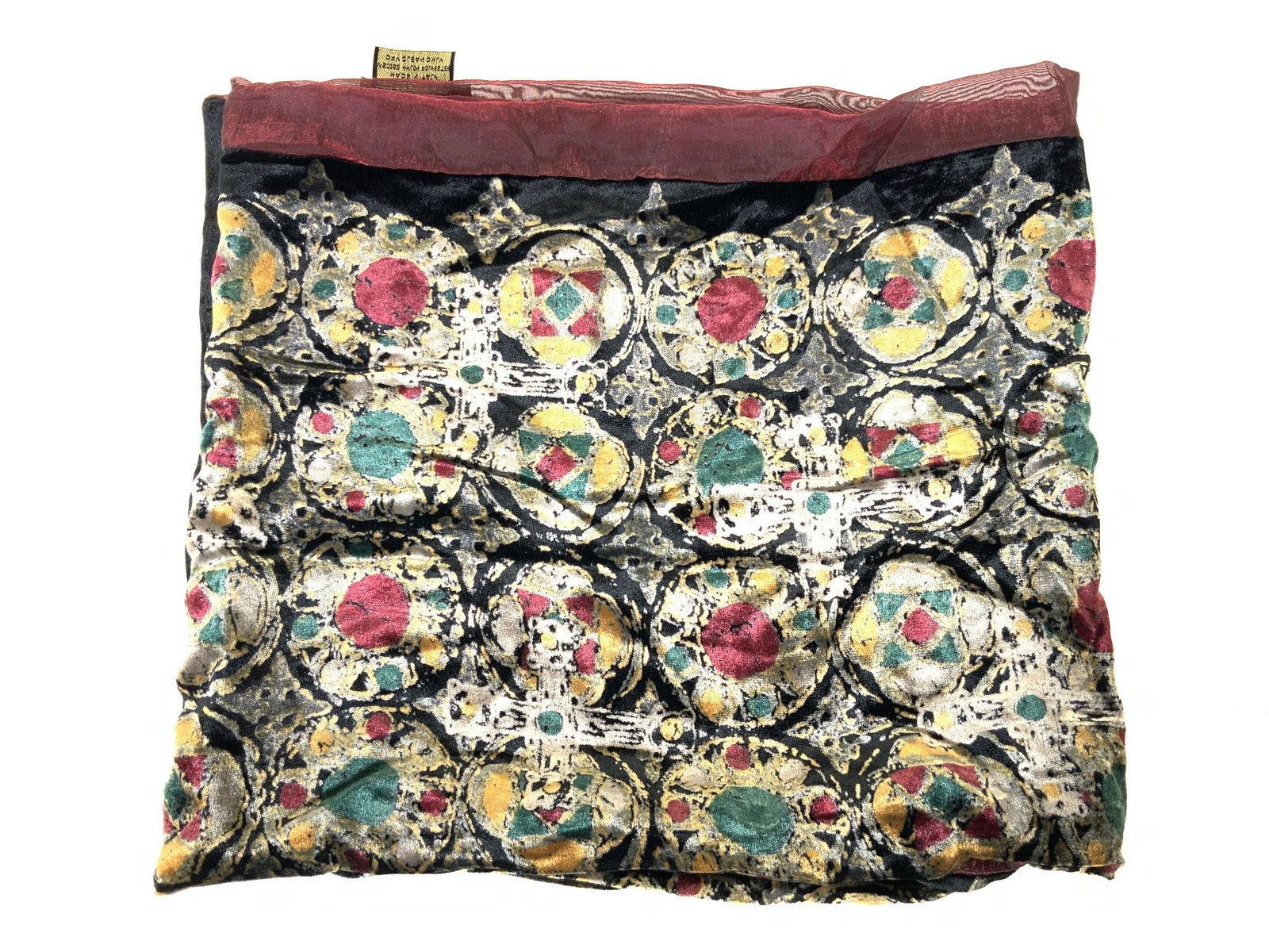 Liberty Italian Made Viscose Ornate Scarf: A viscose, nylon and polyester scarf marked Liberty on tag and Made in Italy, Viscose nylon polyester. Scarf has a deep red edge with with a black base tone with ornate designs of white, green red and