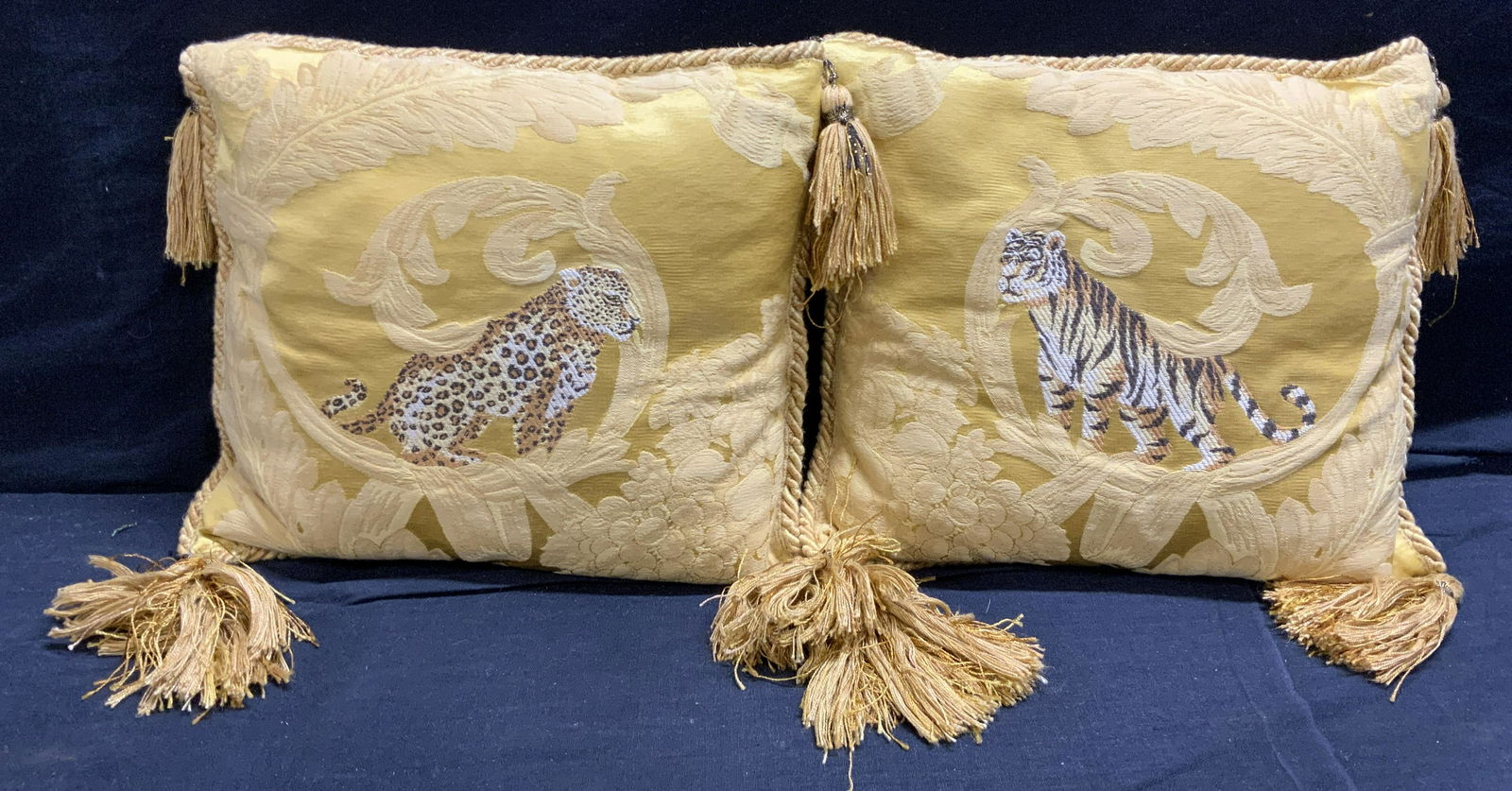 Pair Silk Throw Pillow Big Cat Motif w Tassels (1 of 6)