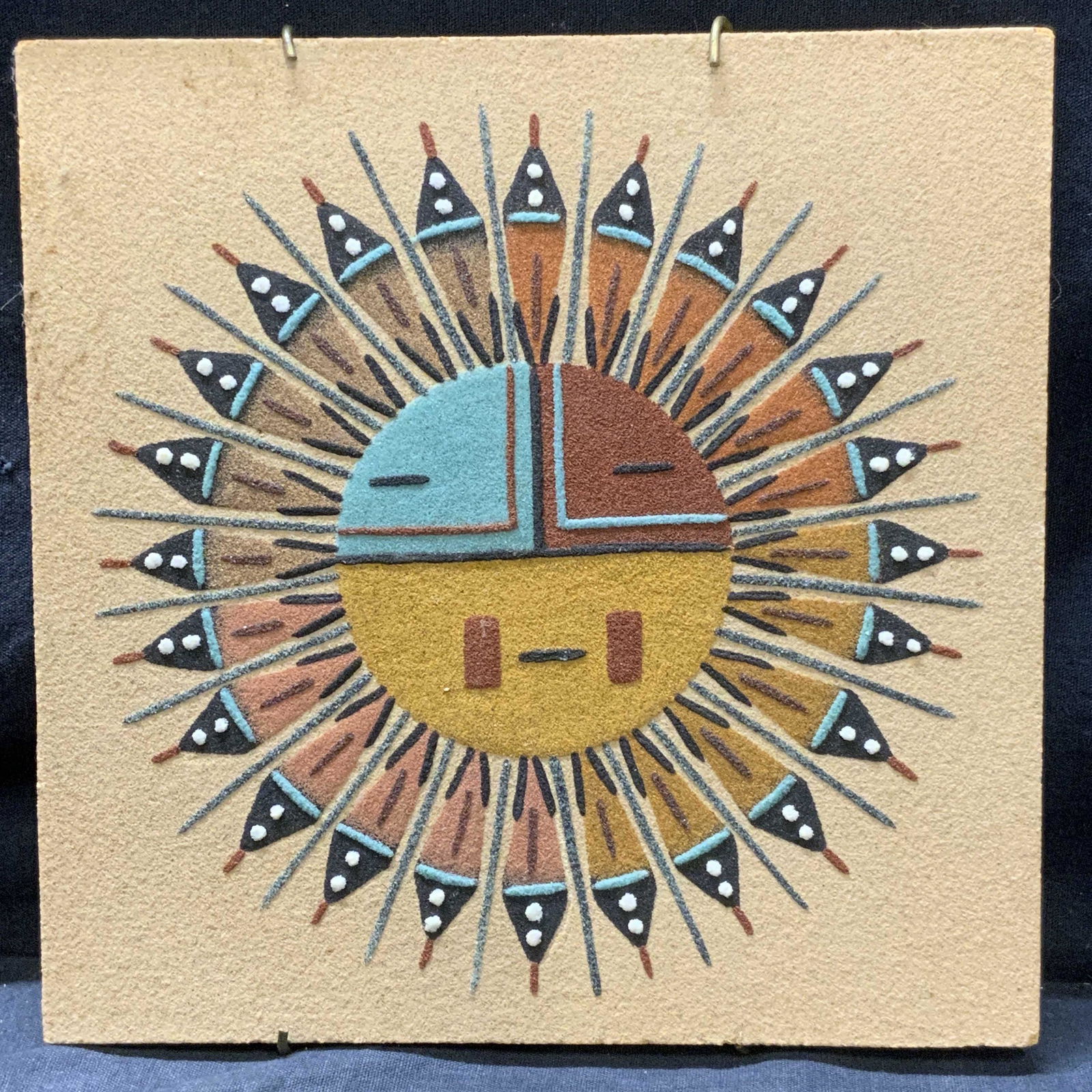 Native American Style Folk-Art Sun: Native American Style Folk-Art Sun Natural Mediums on Wood, verso is inscribed For healing and blessing made out of natural ground mache. H. Miller, subject shows an elaborate multicolored depiction o