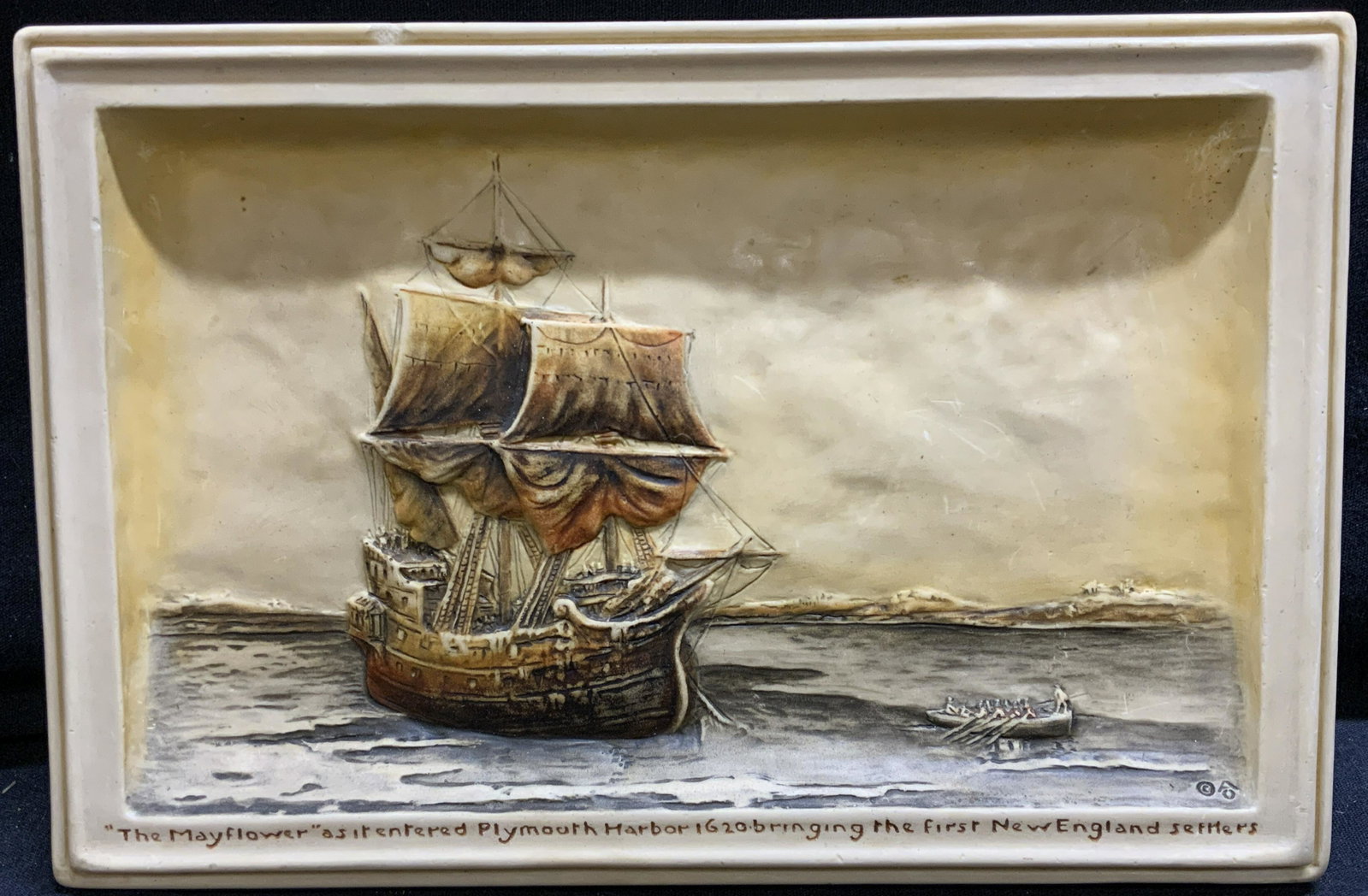 Mayflower Ship in Plymouth Harbor Resin Relief: Mayflower Ship in Plymouth Harbor Resin Relief, inscriptions read The Mayflower asistentered Plymouth Harbor 1620m bringing the first New England settlers, measures 9 1/2 x 6 inches, not framed. Art, 