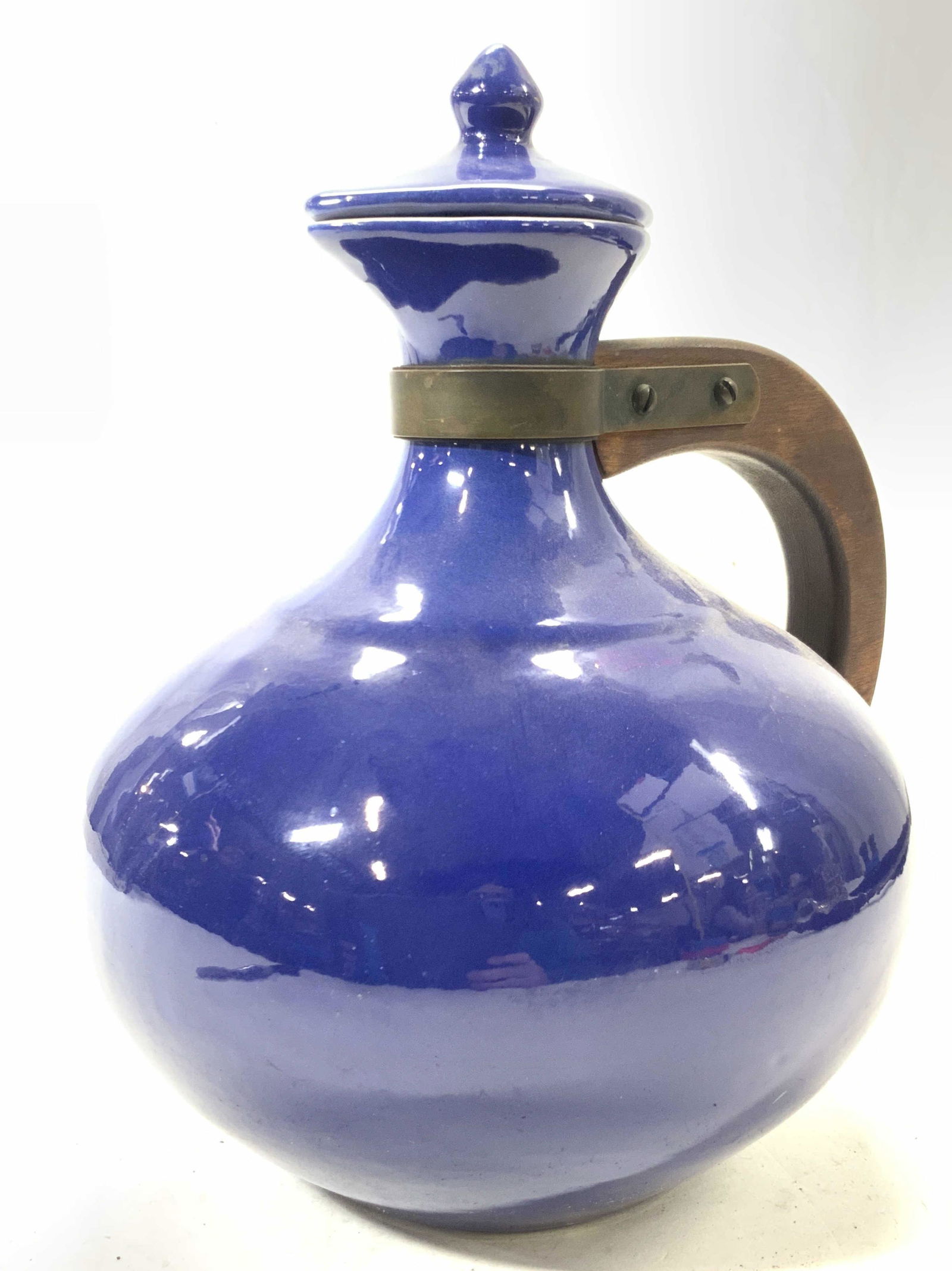 Vintage Blue Ceramic Vessel W Wooden Handle (1 of 9)