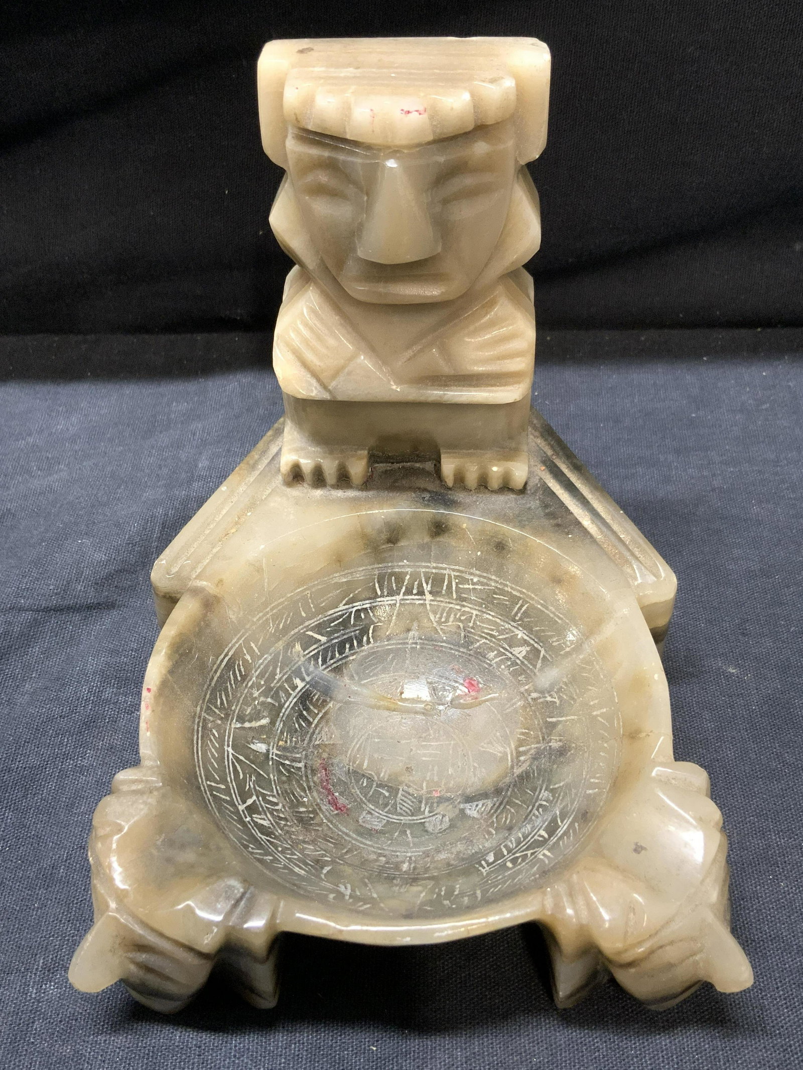 Natural Stone Deity Carved Altar: Natural Stone Deity Carved Altar, alabaster and dark green natural stone, carved basin with inscriptions, deities represented at the head of the basin and on the feet of the altar, measures approx 4 i