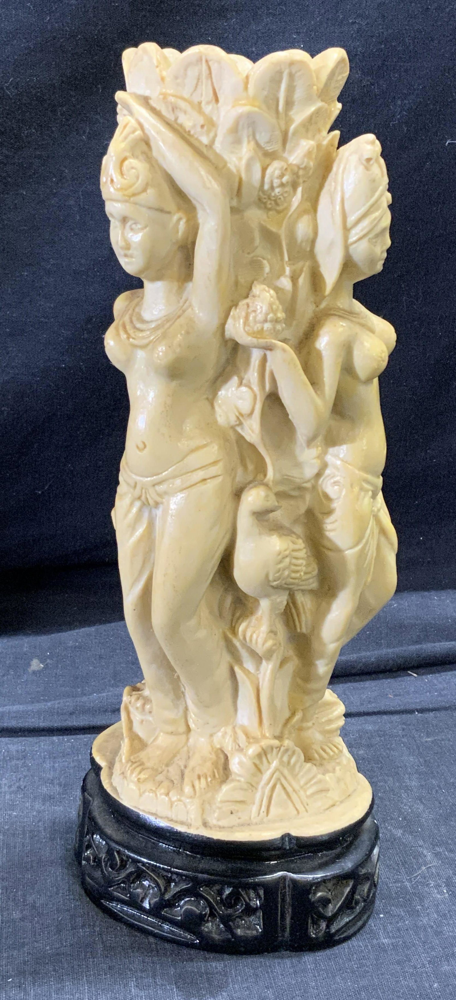 Alabaster Vase With Carved Women: Alabaster Vase With Carved Women, women have breast exposed while wearing sarong wraps around their waists, measures 3 1/4 inches wide x 9 1/2 inches tall. Vase, decorative vase, Art Deco, Art Deco va