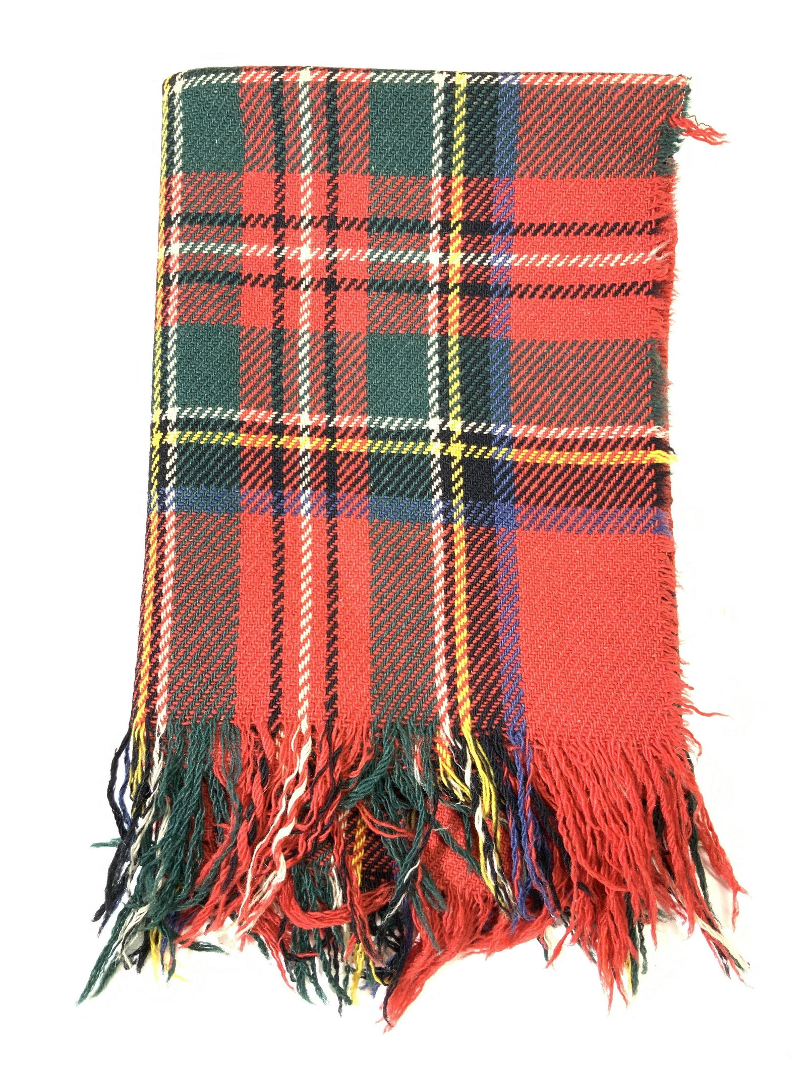 Young World Bloomingdales Red Plaid Lap Blanket: A lap blanket in plaid pattern, not material tag, possibly made of nylon, in reds, blues, green, yellows and white. Marked on tag Young World, Bloomingdales. Approximately 36. 5 inches wide and 54 inc