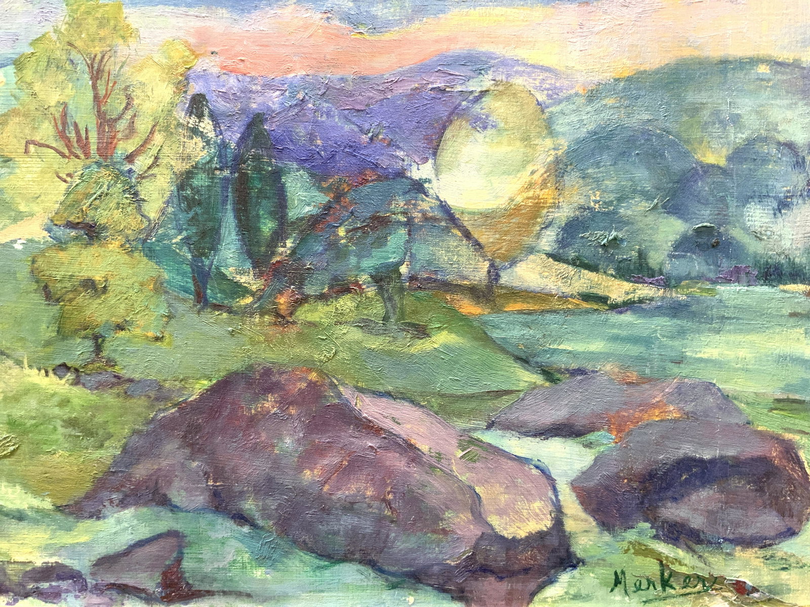 ALEXANDRA MERKER After The Storm Signed Painting: ALEXANDRA MERKER After The Storm Signed Painting, oil on Board, inscribed signature reads MERKER, subject shows fauvist landscape with vivid sky, comes with informational brochure on artist, window me