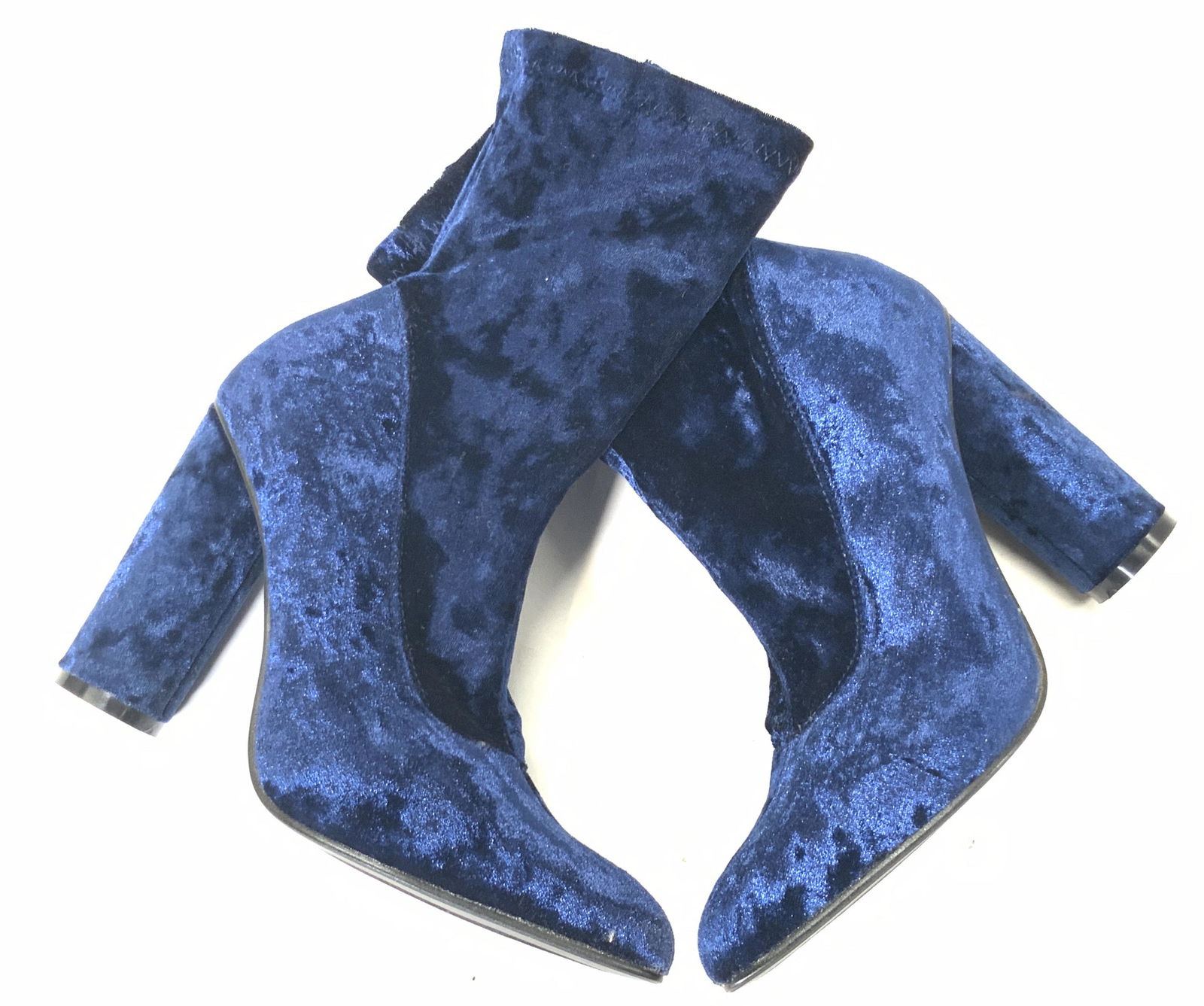 CAPE ROBBIN Blue Velvet Heeled Booties: Blue velvet zippered heeled booties. Pointed toes. Gold tone Zippers read CAPE ROBBIN. Size on underside reads 8.5. Some wear consistent with use. Shoes, ladies shoes, wearables, fashionware, blue vel