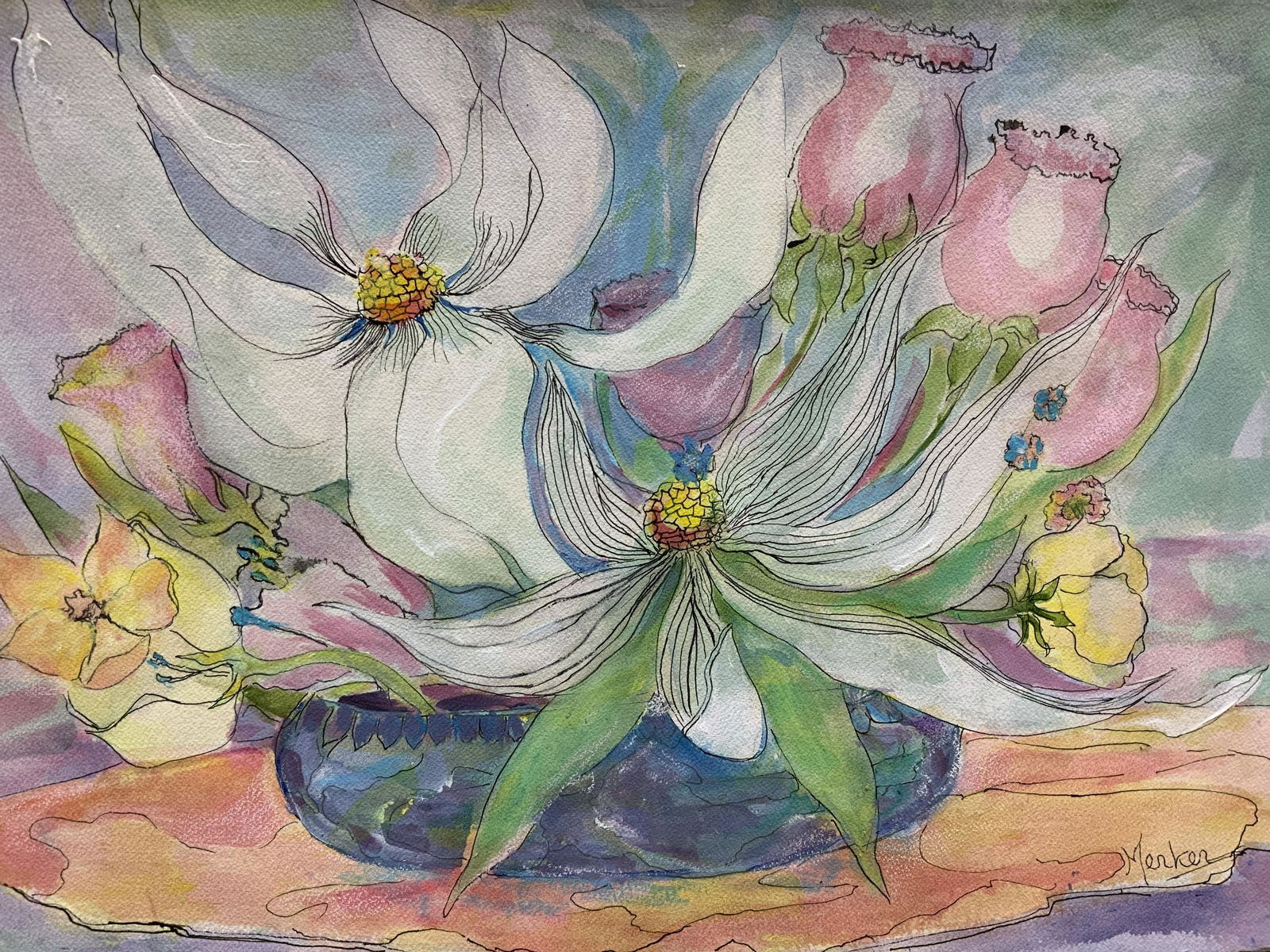 ALEXANDRA MERKER Signed Watercolor of Flowers (1 of 5)