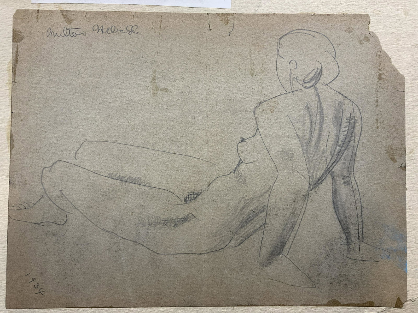 MILTON HEBALD Signed Graphite Nude Illustration: MILTON HEBALD Signed Graphite Nude Illustration 1934, artist signature to upper left reads MILTON HEBALD, verso reads Artist bio, date to lower left reads 1934, shows a woman resting on her arms in nu