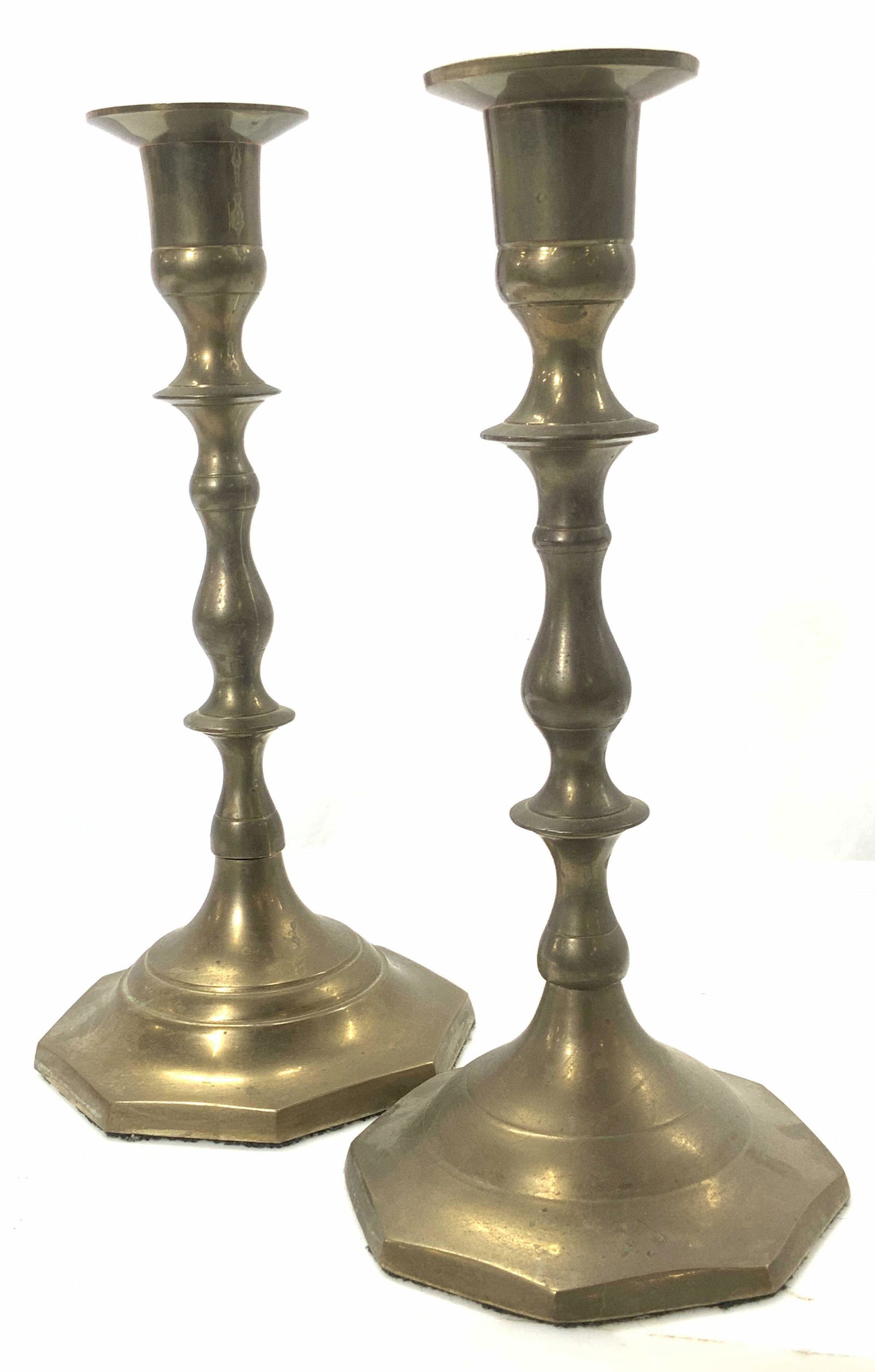 Pair Brass candlesticks w turned stem, India (1 of 5)