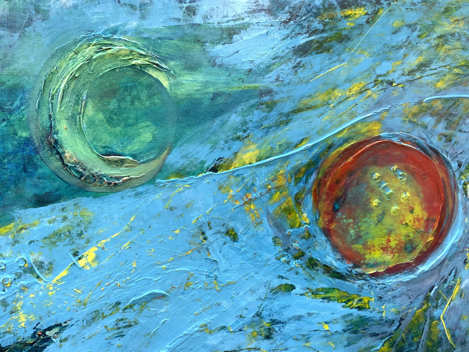 ALEXANDRA MERKER Abstract Painting: ALEXANDRA MERKER Abstract Painting, oil on cardboard, no apparent inscriptions, subject shows an abstract expressionist representation of a moon and sun against a blue splattered background. Measures 