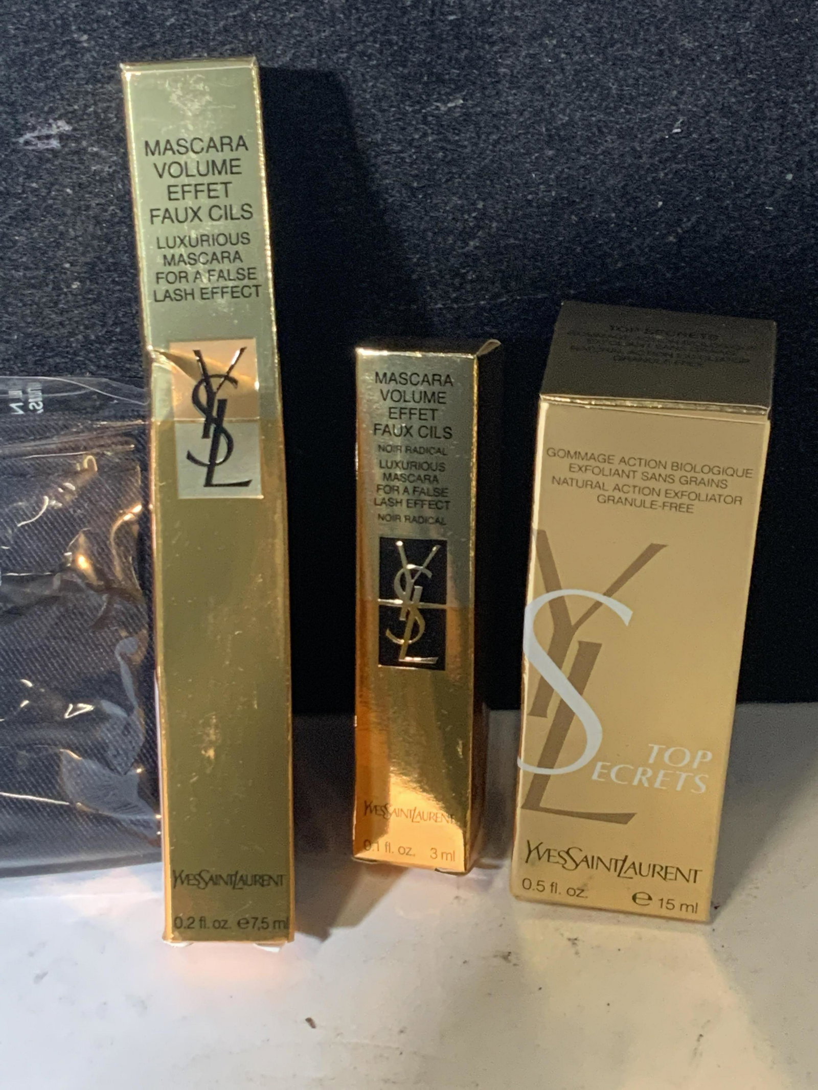 YSL NIB Cosmetics & Brush Kit: Yves Saint Laurent cosmetics and brushed, new in boxes or new in package. Includes travel mascara volume effect faux cils, black. Large mascara Volume Effet ( false eyelash effect mascara). Top Secret