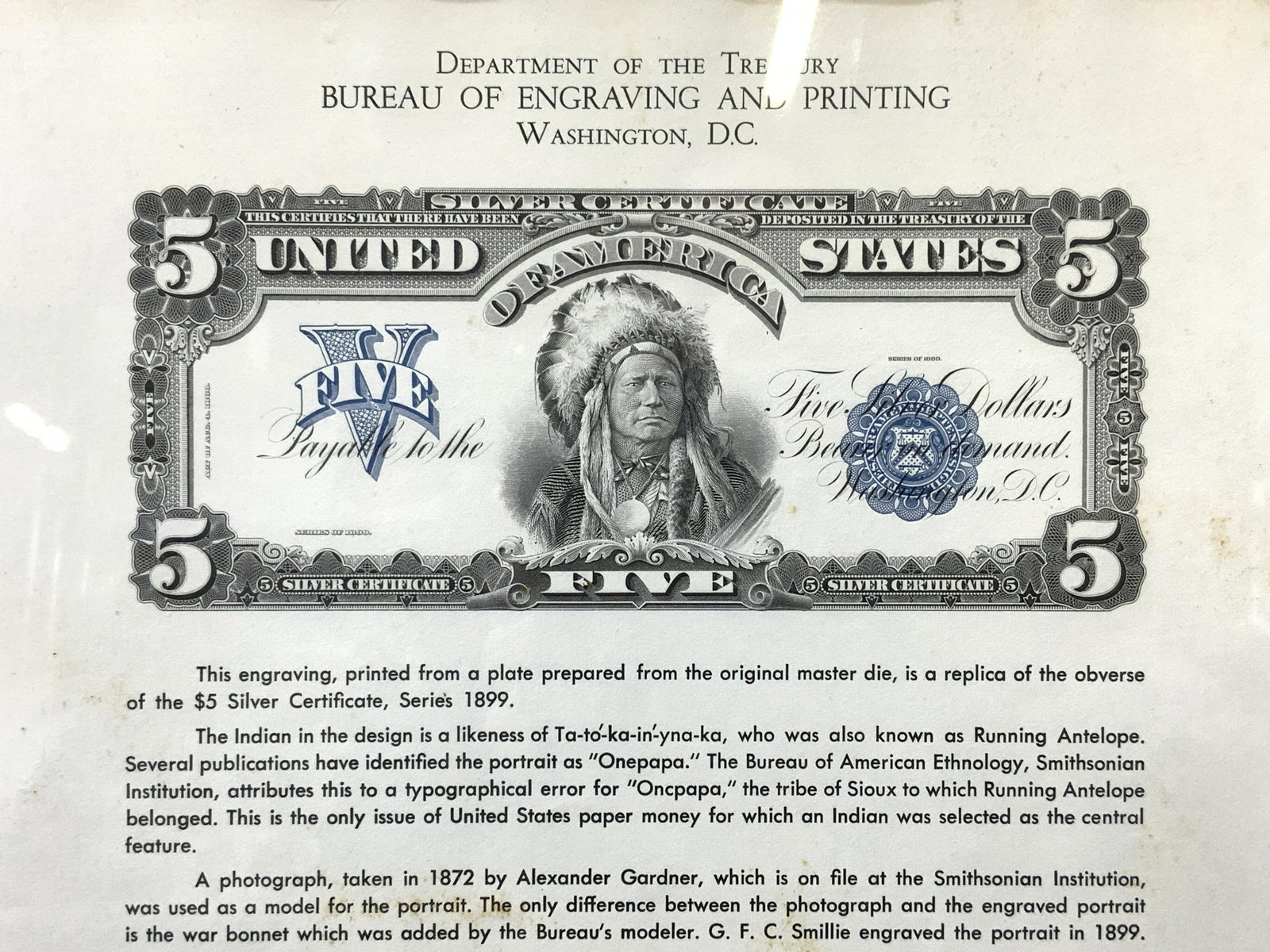 Vintage Engraved Printing of $5 Silver Certificate: Vintage Engraved Printing of $5 Silver Certificate Circa 1899, title is inscribed ‘Department of the Treasury Bureau of Engraving and Printing Washington D.C.’, inscription below image gives its h
