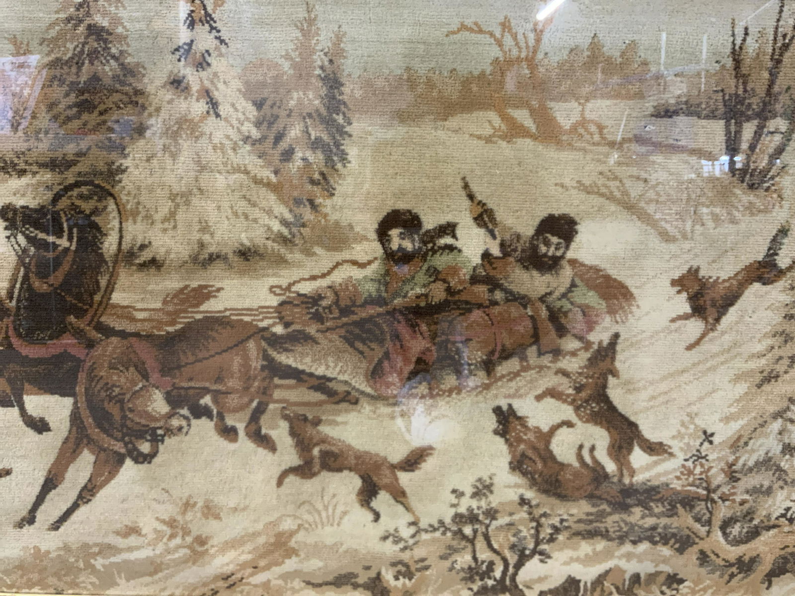 Framed Wall Tapestry of Men Fighting Wolves (1 of 8)