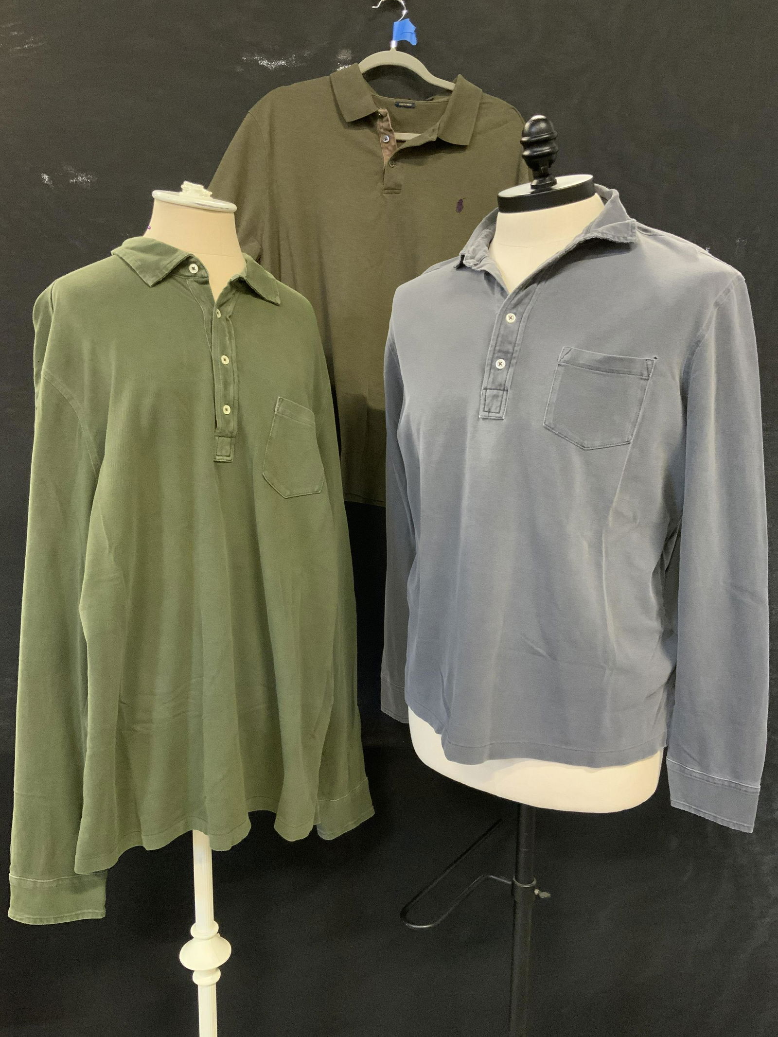 POLO BY RALPH LAUREN Lot 3 Mesh Long Sleeve Polo: POLO BY RALPH LAUREN Lot 3 Mesh Long Sleeve Polo Shirts, tag read ‘POLO BY RALPH LAUREN…XXL… 100% COTTON… grey, and two tones of greens, … Embroidered RALPH LAUREN Polo insignia. Property of