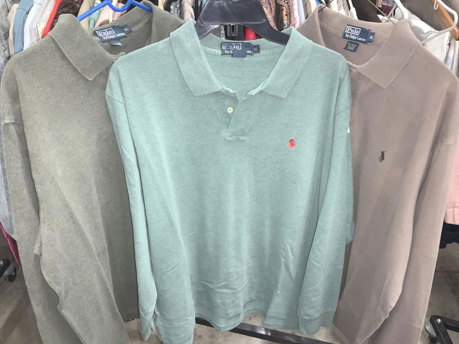 POLO RALPH LAUREN Long Sleeve Polos, 3: Long Sleeve cotton Polo Shirts, all with org designer label, ‘ POLO BY RALPH LAUREn - XL -100% COTTON Taupe, olive green and muted mint green Embroidered RALPH LAUREN Polo insignia. Neatly pressed ,