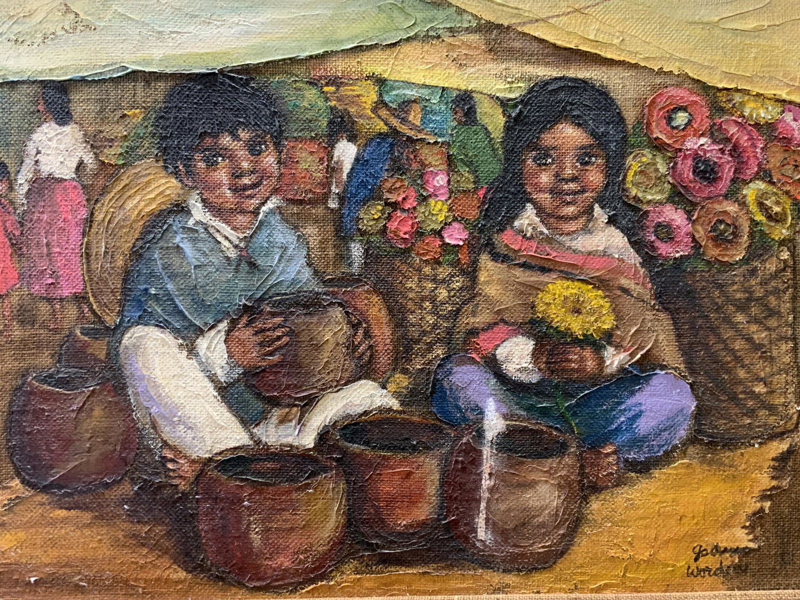 JO ANN WORDEN San Miguel de Allende Painting: JO ANN WORDEN San Miguel de Allende (1971) Painting, oil on burlap, signature to lower right reads Jo Ann Worden, subject shows two children with planter pots and baskets of flowers, painted in Latin 