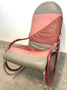 PAUL TUTTLE NONNA 1970s MCM Rocker For STRASSLE: PAUL TUTTLE NONNA Rocking Chair for STRASSLE. Chair is mid century modern. Piece has pink, red, & gray toned leather upholstery. Chair has curved red toned armrest & silver toned metal rails. Chair me