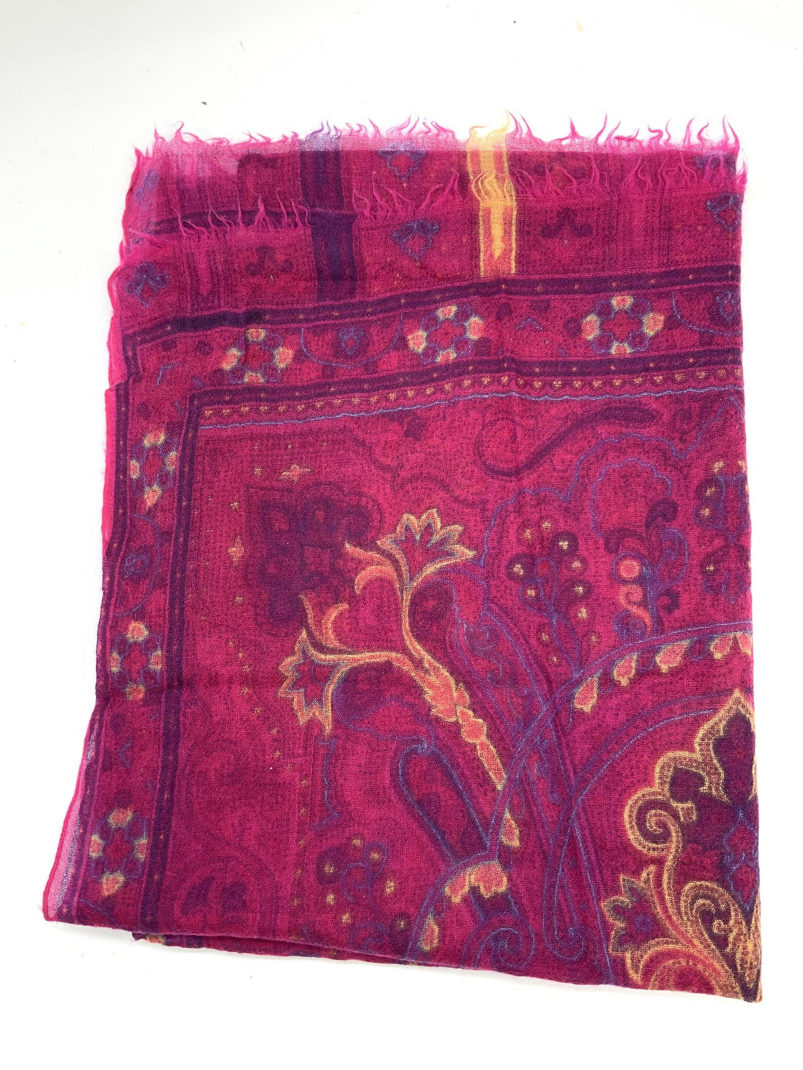 ETRO 100% Cashmere Scarf: Magenta toned scarf with gold threading accents with blue and deep purple patterns, Marked on tag, ETRO, 100% Cashmere. Approximately 60 inches long and 21 inches wide. ETRO Cashmere Scarf, Luxury sca
