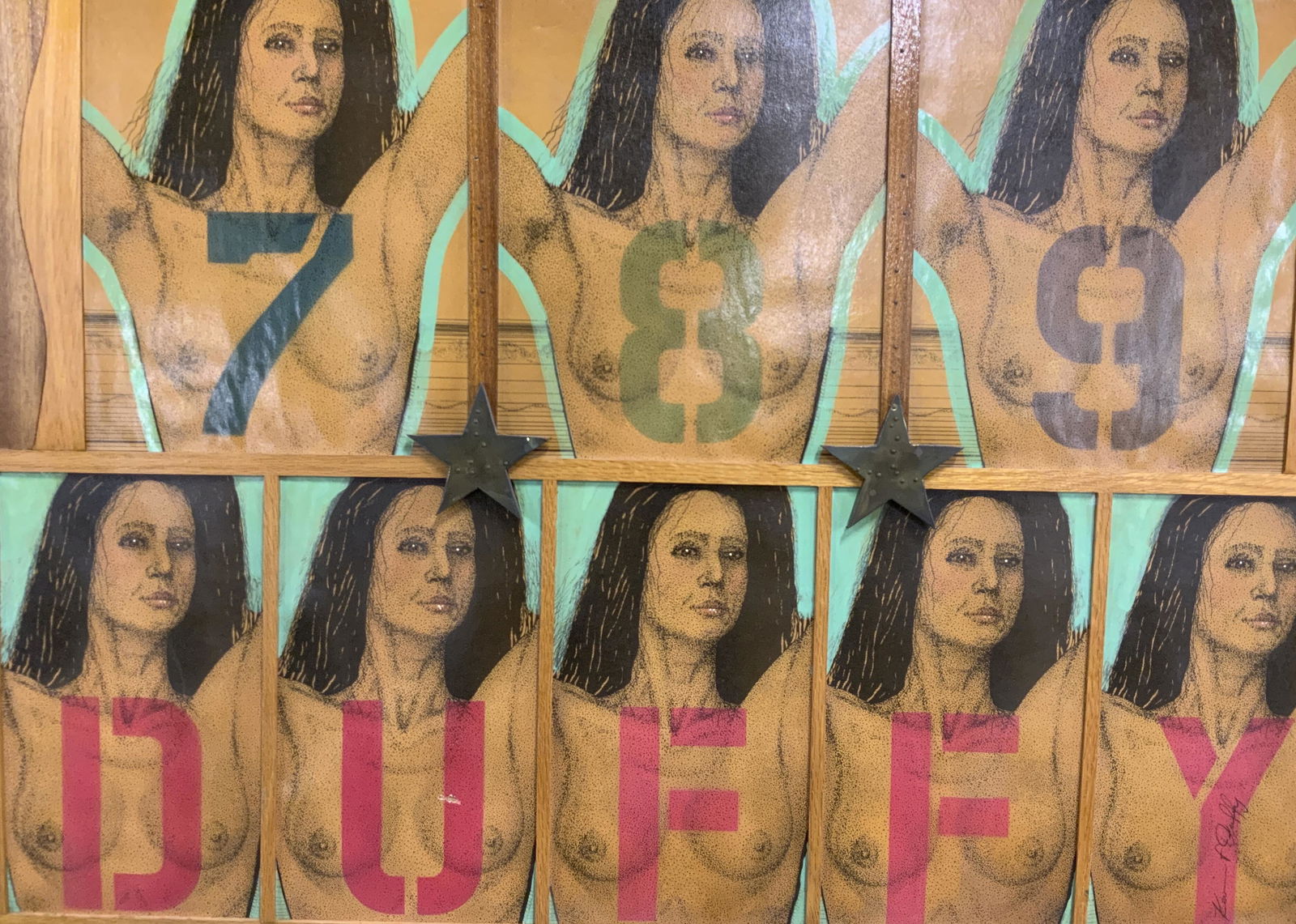 KEVIN F DUFFY Mixed Media Nude Artwork: KEVIN F DUFFY Mixed Media Nude Artwork, signature to lower right reads KEVIN F DUFFY, shows a collage of 8 images of the same woman with her breast exposed, each image has a different number or letter