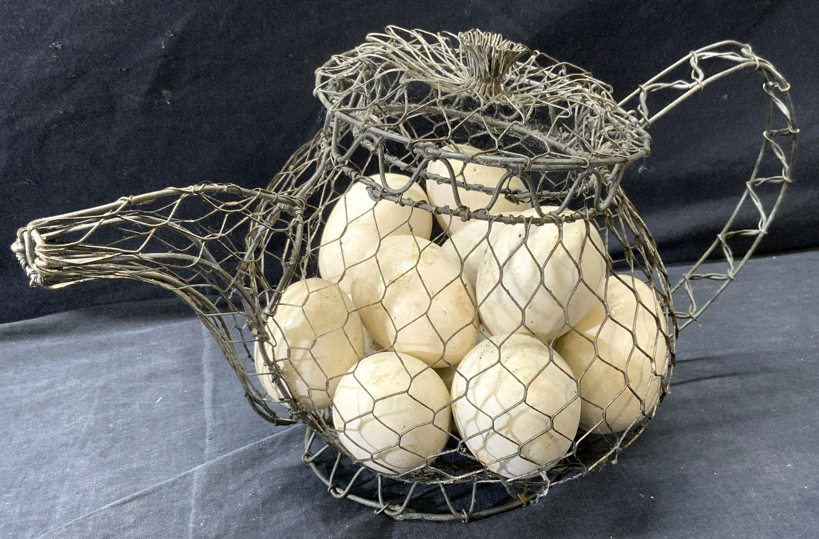 Wire Tea Pot Folk Art Basket, Natural Stone Eggs (1 of 9)