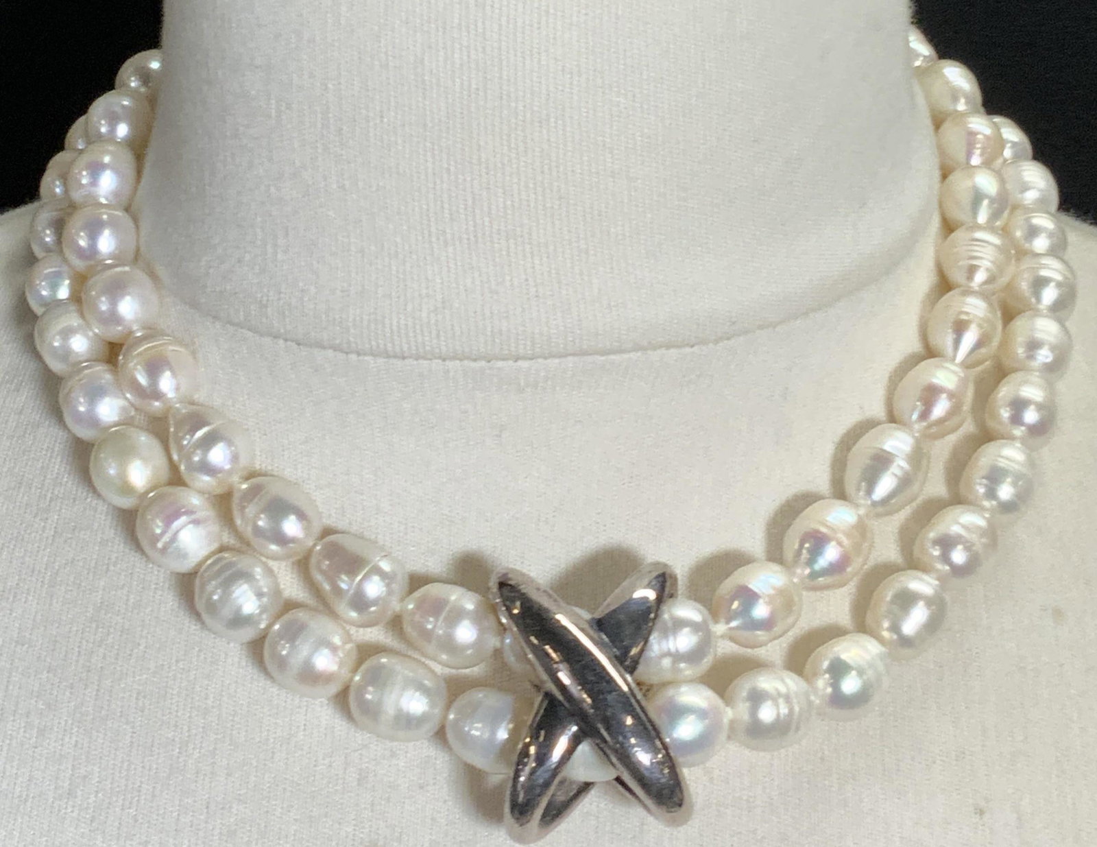 WHITE BAROQUE PEARL STERLING Silver Necklace, nwt: Double strand white baroque Pearl necklace with a sterling silver x pendant and sterling clasp. Sizable baroque pearls matched by color and luster, each pearl bead app. 11x8 mm. Necklace length approx