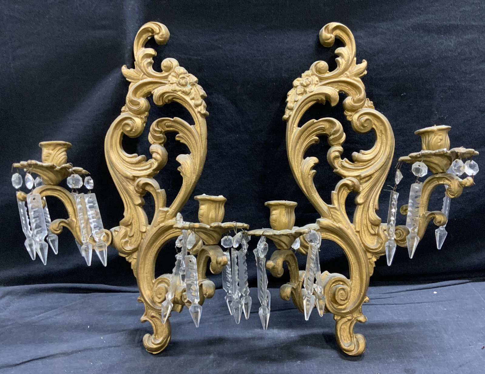 Pair of Gilt Wood Candle Sconces with Crystals: Pair of Gilt Wood Candle Sconces with Crystals, each measures approx 11 inches wide x 18 inches tall. Some crystals need to be reattached or replaced. Sconces, wood sconces, wall sconces, Victorian sc