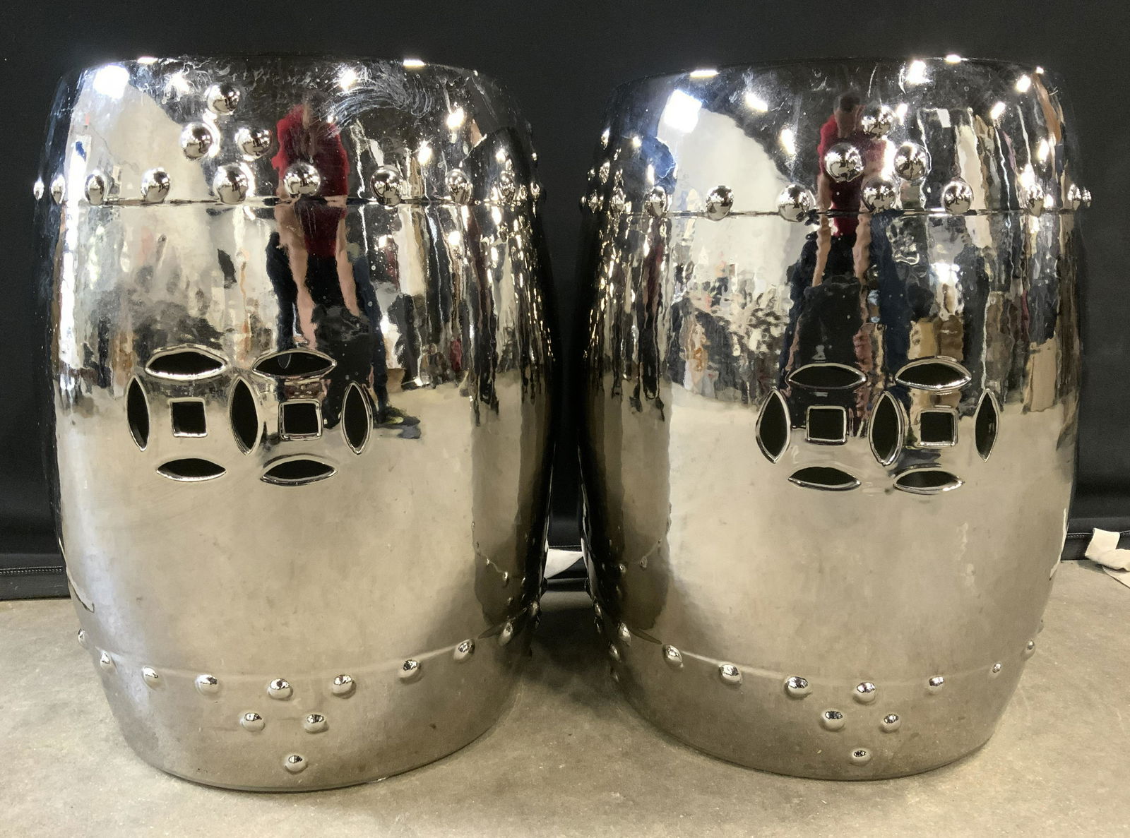 Pair Porcelain Garden Stools W Chrome Finish (1 of 10)