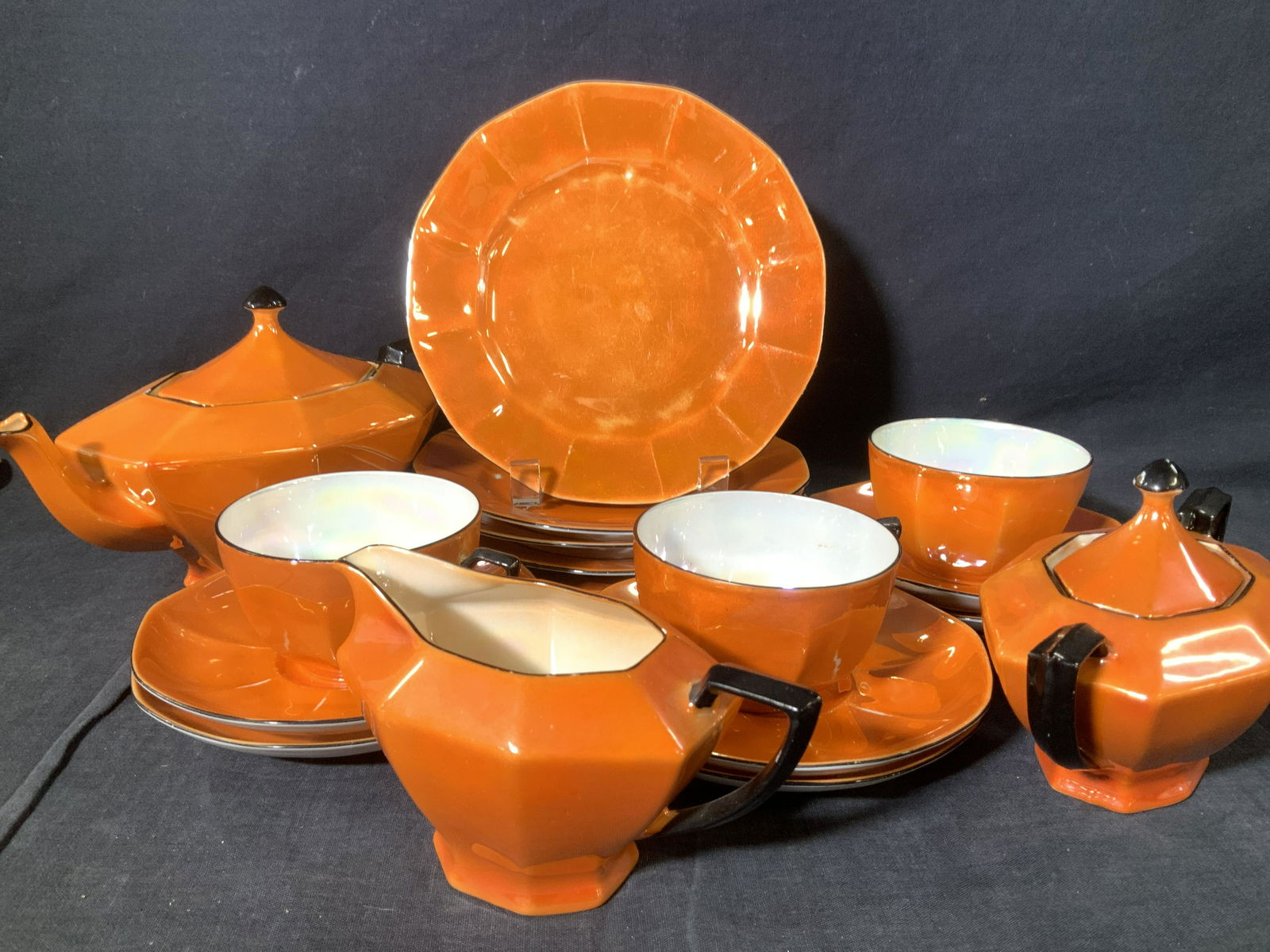 Set 17 Sgn VICTORIA Lusterware Porcelain, Czech: Vintage fine bone porcelain tea ware and plate set , made in Czechoslovakia . Hand painted orange lusterware (outlined black rims) is hallmarked in green ink under glaze, reads Victoria Czechoslovakia