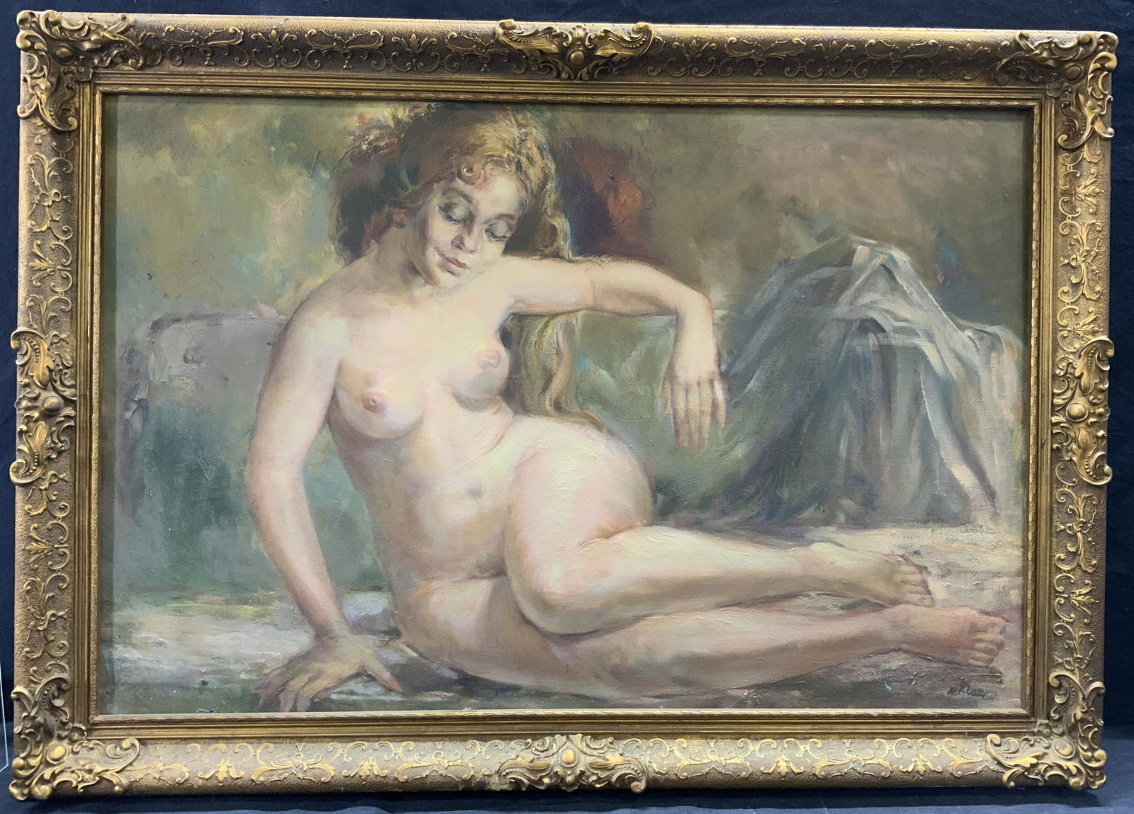 Signed Reclining Nude Woman Oil on Canvas: Signed Nude Woman Oil on Canvas, signature to lower right possibly reads N BLAREN, shows a woman with long blond hair reclining against some kind of furniture, measures 40 1/2 x 28 inches, window meas