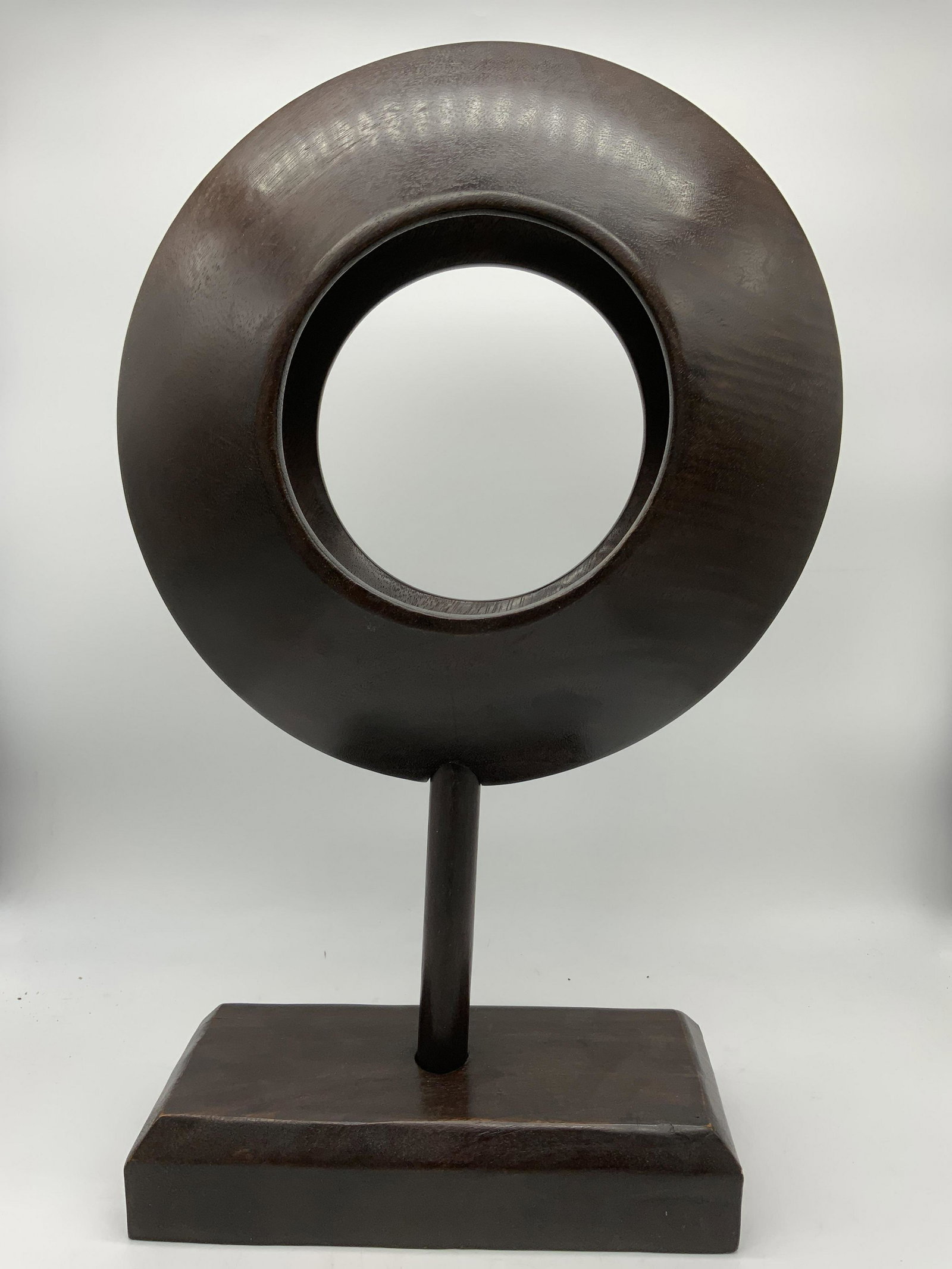 Minimalist Wood Sculpture on Stand: Minimalist Wood Sculpture Orb on Stand, measures 9 1/2 inches wide x 18 1/2 inches tall. Piece is loose on stand. Art, wall art, artwork, home decor, wood Art, wood artwork, wood sculpture, minimalist