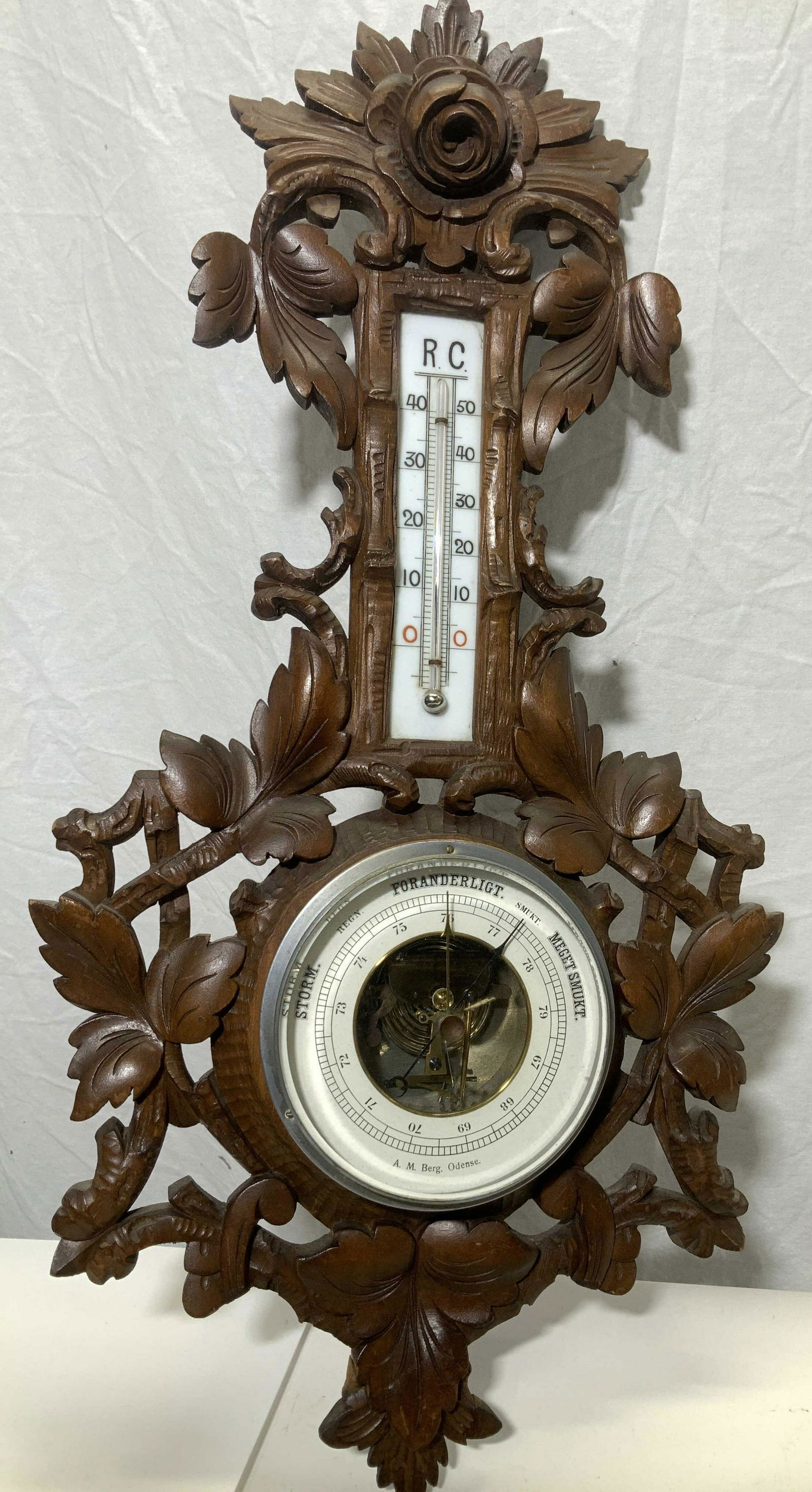 Carved Bavarian Wood Wall Therm & Barometer,sgn (1 of 14)