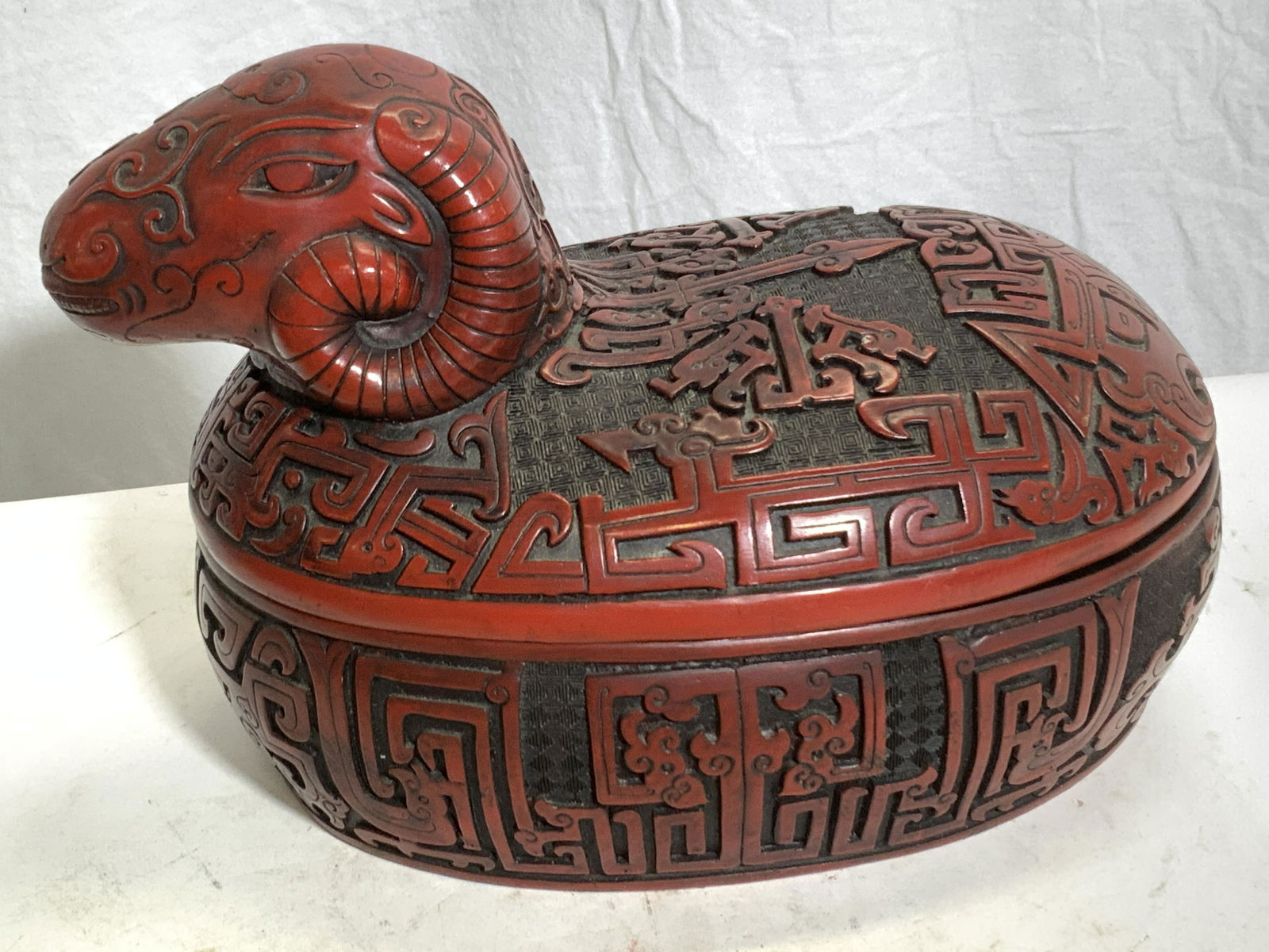 Asian Cinnabar Red Ram Cloisonne Lidded Vessel (1 of 9)