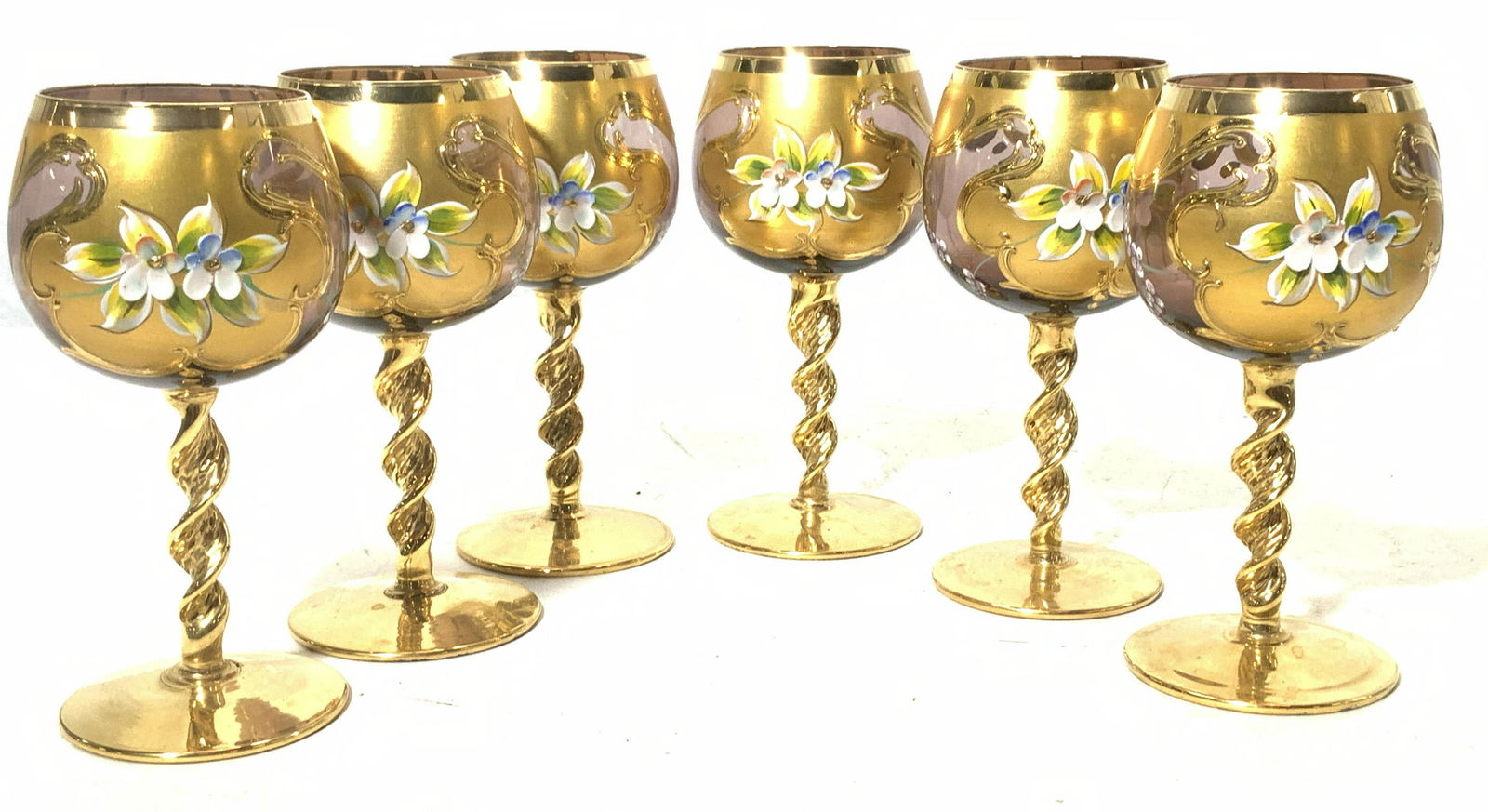 Set 6 Hand Painted Gilt Bohemian Crystal Stemware (1 of 9)