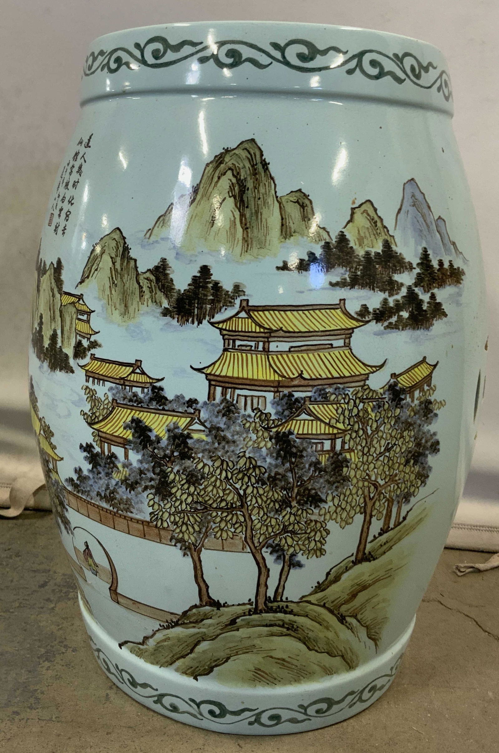 Porcelain Asian Garden Stool with Temple Motifs (1 of 6)