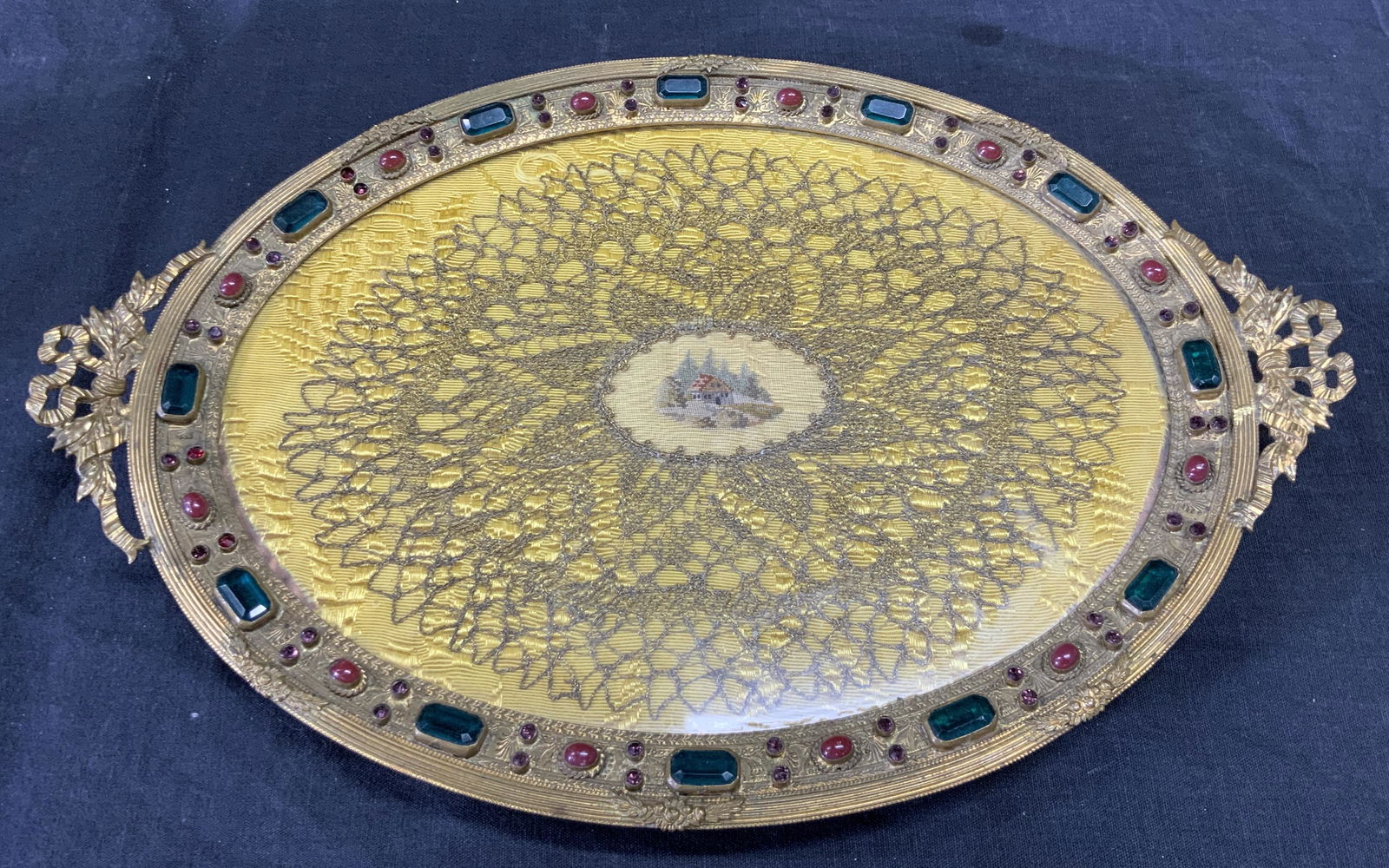 Footed Brass Oval Tray w Rhinestones (1 of 6)