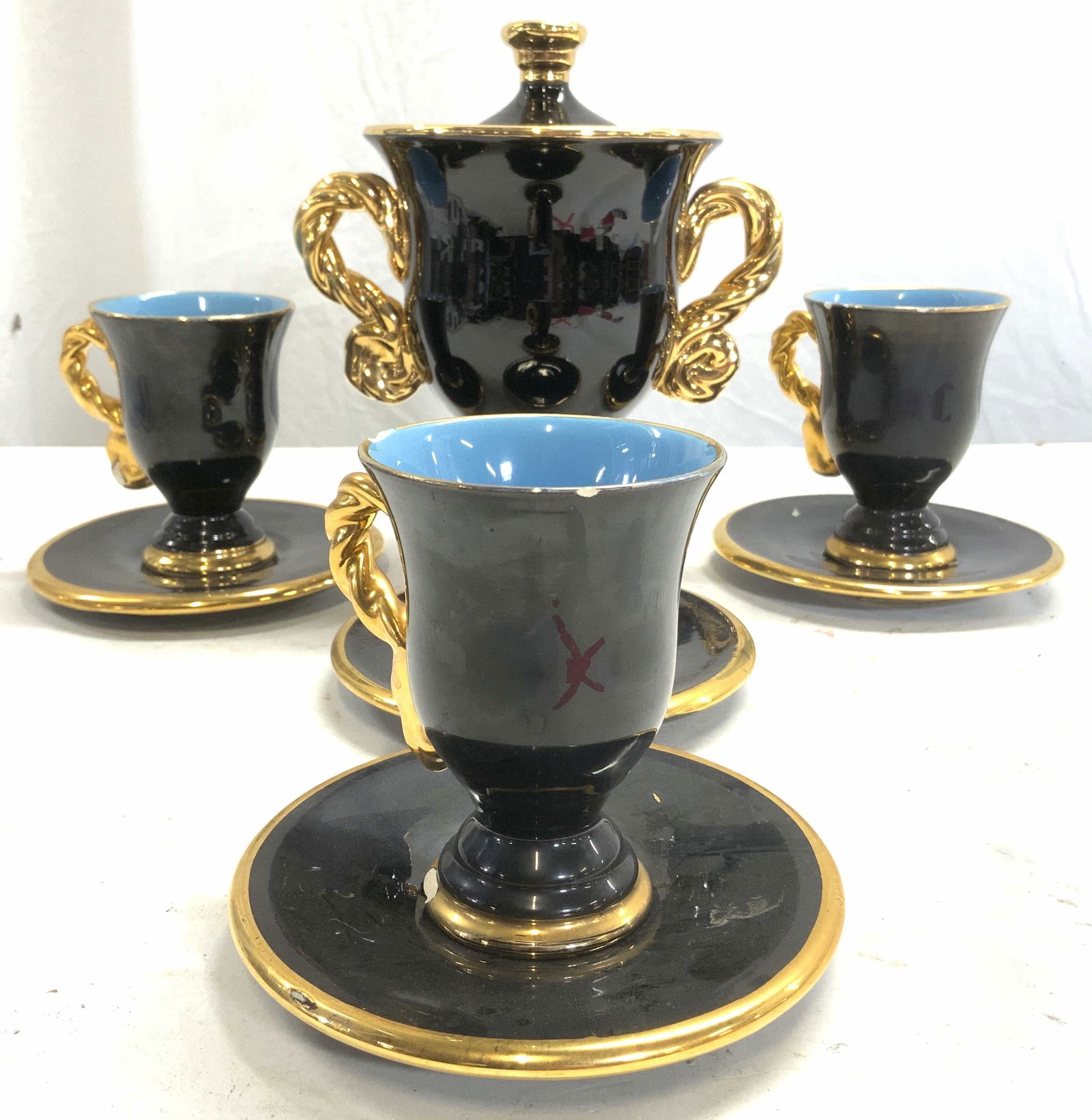 Partial Set 8 Porc Lidded Vessel Cups & Saucers (1 of 8)