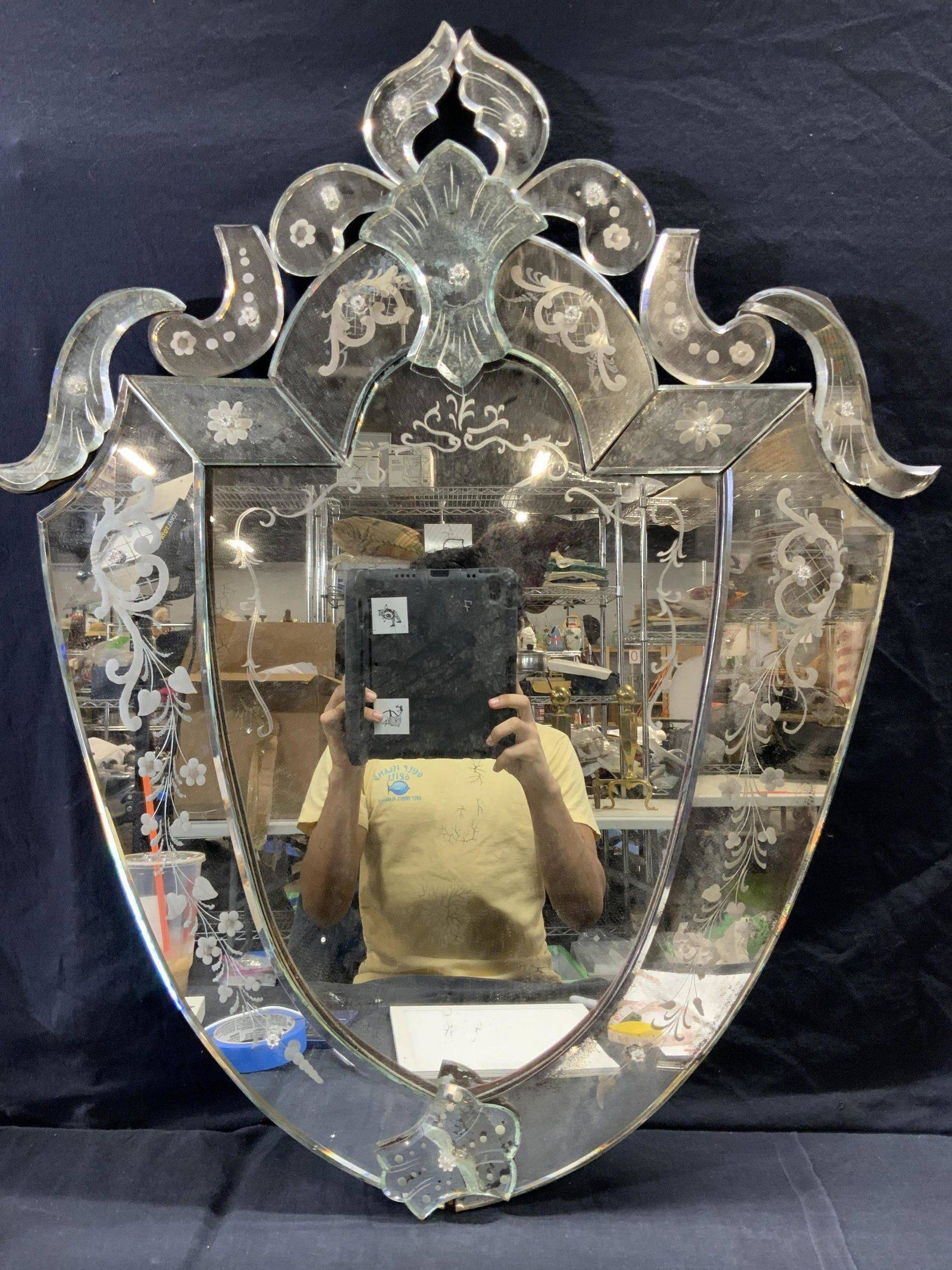 Antique Venetian Etched Glass Mirror: Antique Venetian Etched Glass Mirror, measures 26 inches x 32 inches, beveled pieces on mirror are loose from wood backing, cracked piece to center bottom. Mirrors, home decor, decorative mirrors, wal