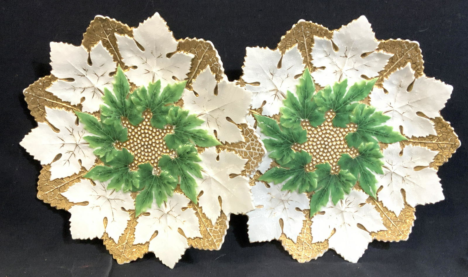 Pair  ANTIQUE  Sgn MEISSEN GILT MAPLE LEAF PLATES (1 of 13)