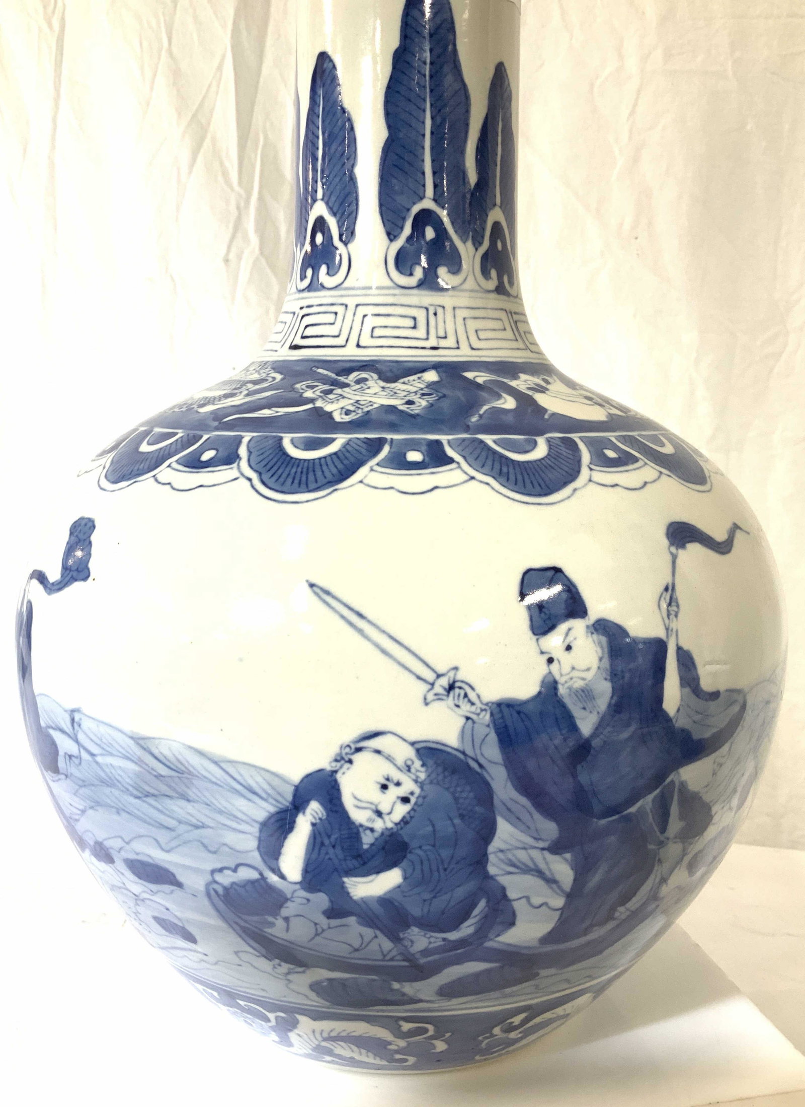 Chinese Porcelain Blue & White Vase, Sgn: Kendo style Vintage Chinese Stoneware Doucai with Mongolian warriors , and country folk. Greek key, Leiwen patterns , sleeve neck and gourd bottom. Signed with Chinese characters under glaze. 14.5 in 