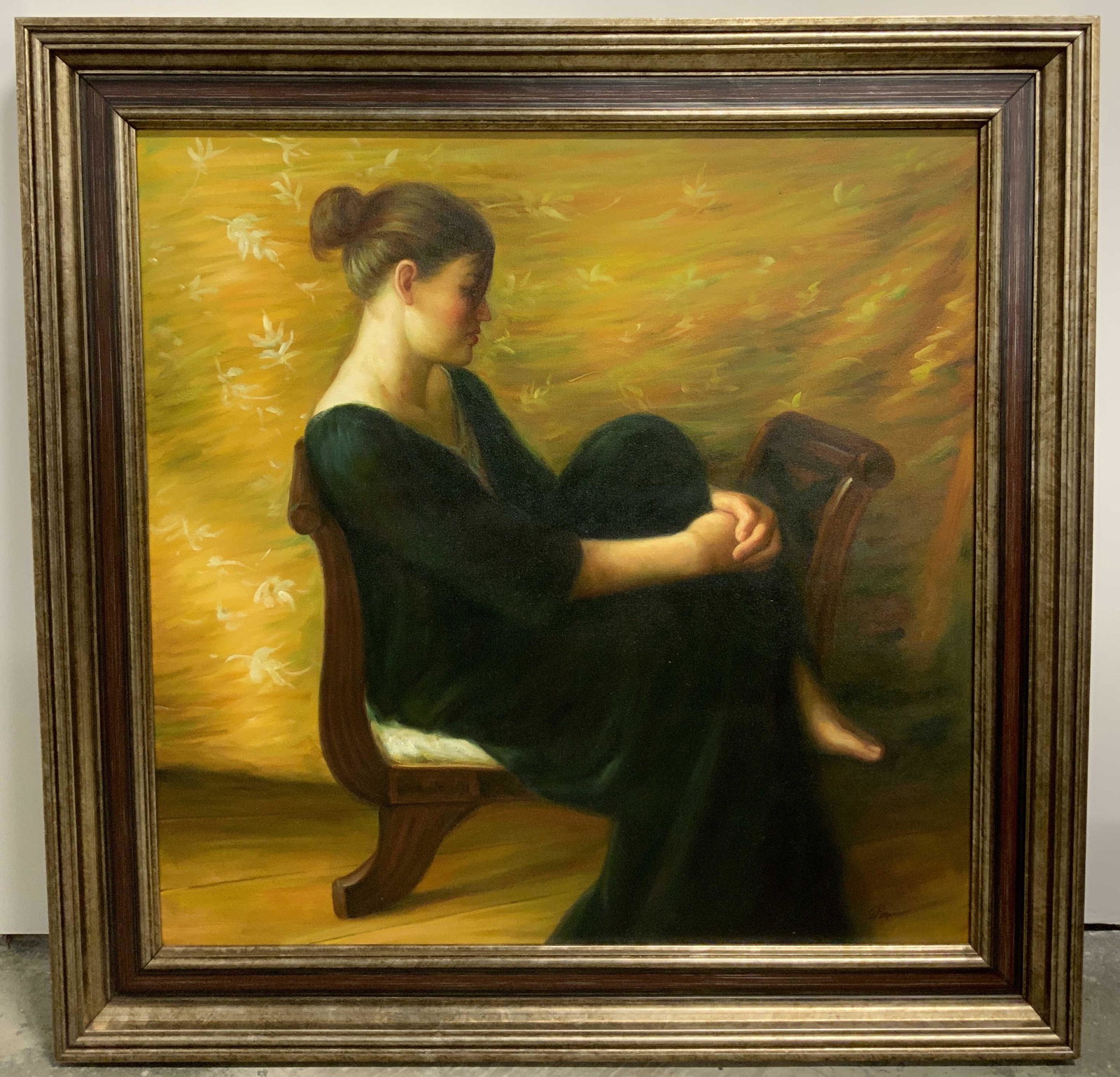 Reclined Woman Signed Oil on Canvas: Reclined Woman Signed Oil on Canvas, signature to lower left illegible, subject a seated partially reclined woman in long dress, frame measures 44 x 44 inches, window measures 35 x 35 inches, framed i