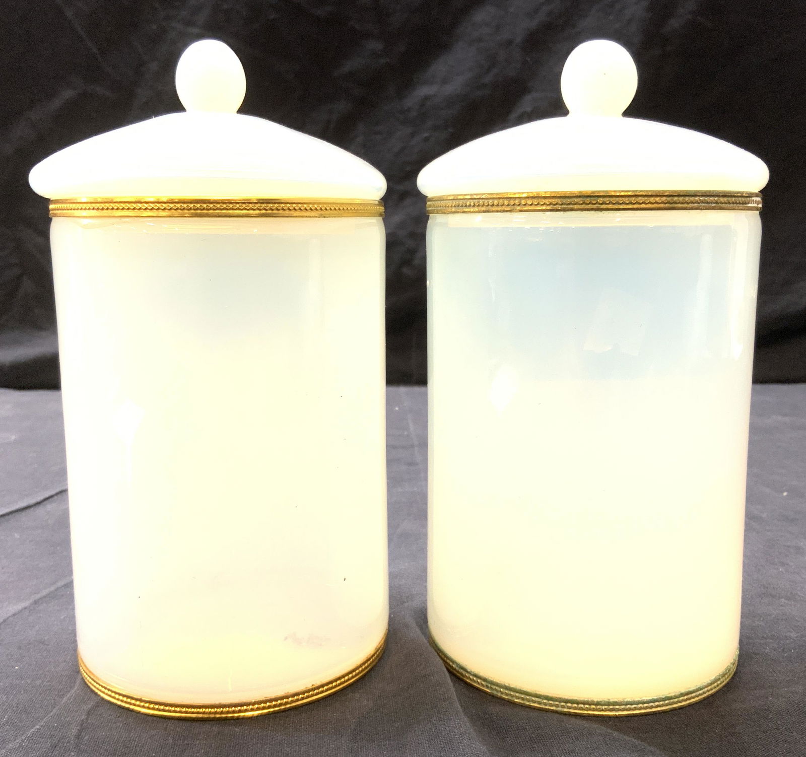 Pair Opalescent Glass Lidded Vessels (1 of 10)