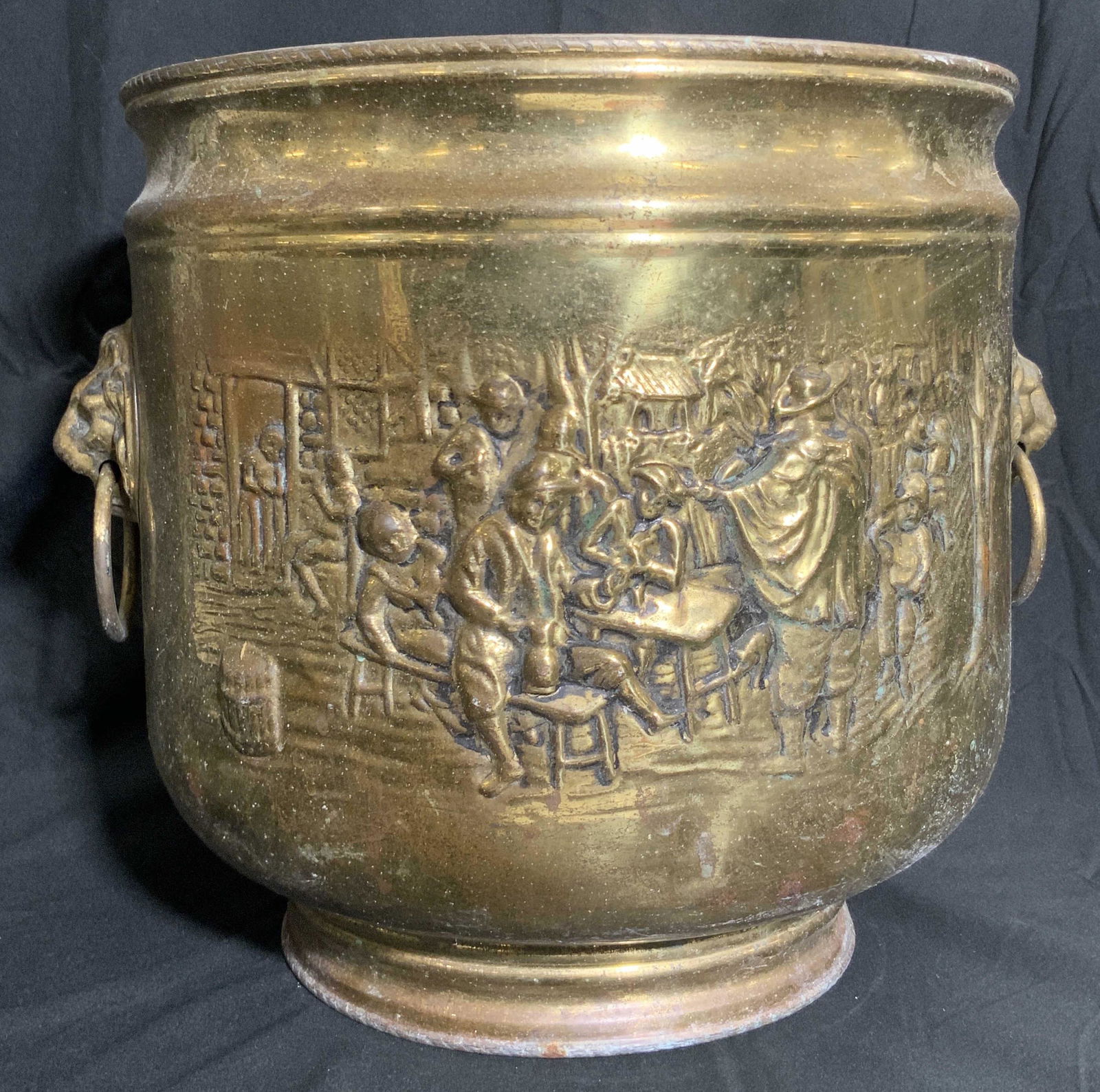 Antique Brass Tn Tavern Scene & Lion Head Cachepot (1 of 17)