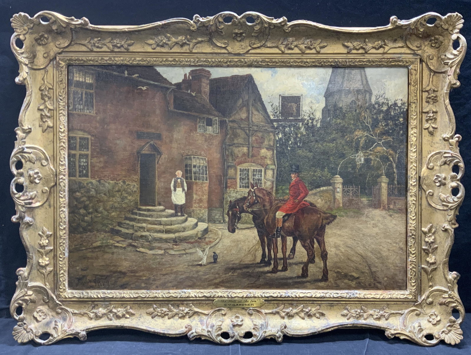 SIDNEY V. GARDNER Signed Oil on Canvas C. 1890: SIDNEY V GARDNER Signed Oil on Canvas The Halt At the Inn, signature to lower left reads Sidney V Gardner 1980, brass plate reads The Halt at the Inn, shows a man wearing a red trench coat and top hat